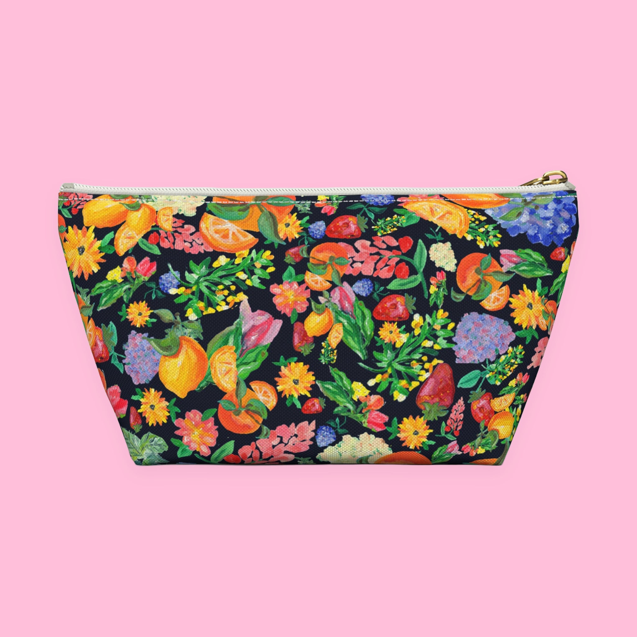 Citrus Garden in Navy Accessory Pouch with hand-painted lemons, oranges and blossoms — view 7 of 9