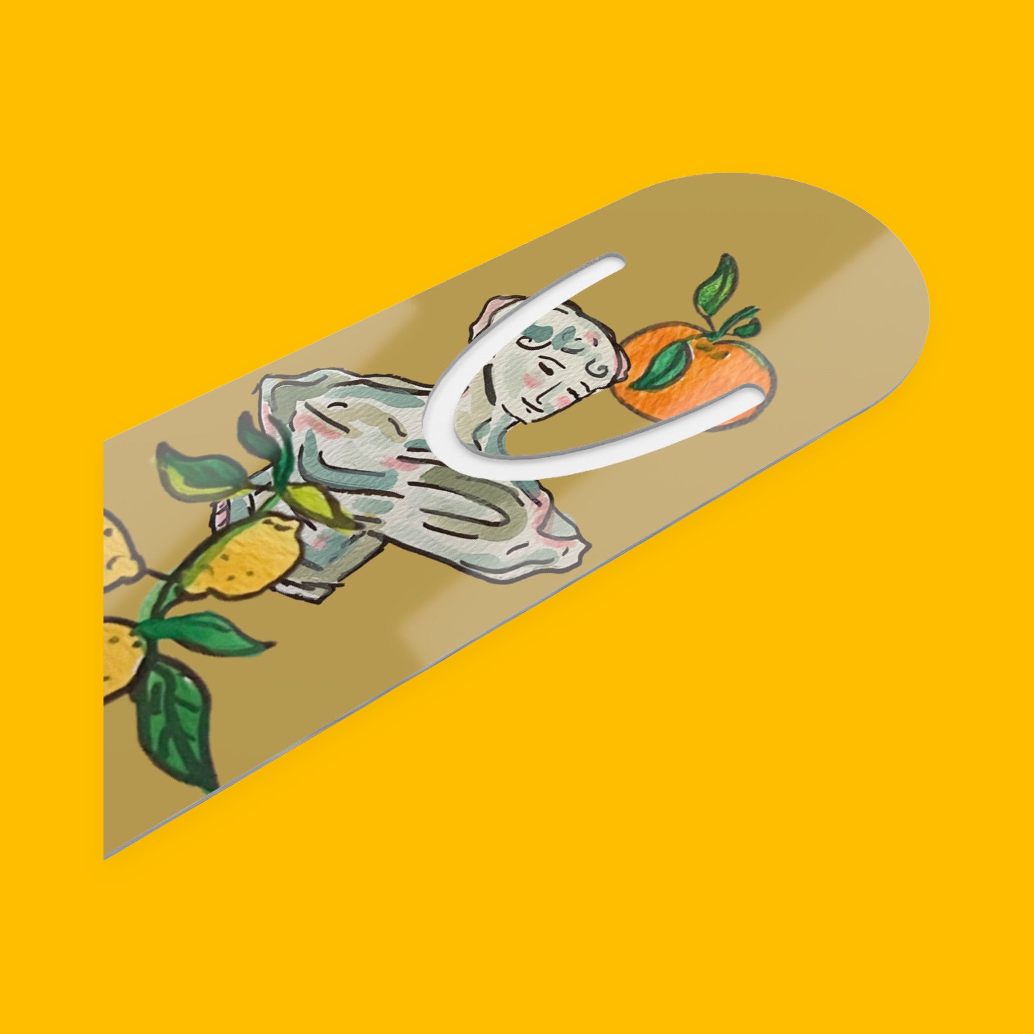 Art Deco Citrus Metal Bookmark with classical busts and lemons on warm ochre — view 3 of 4