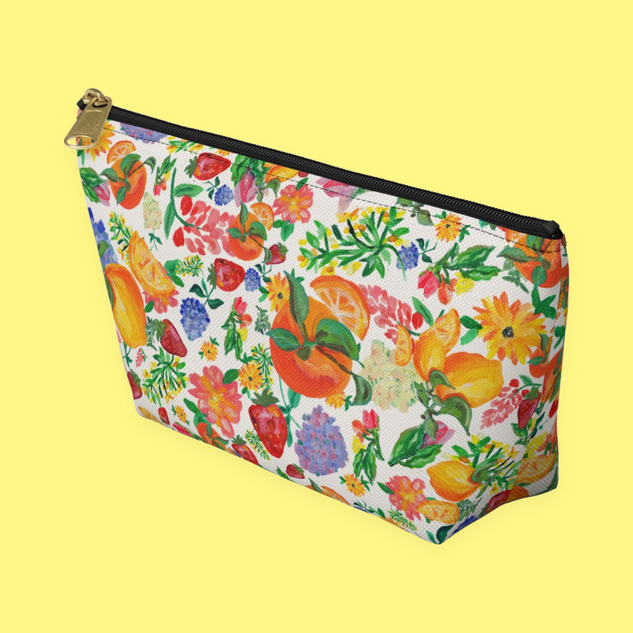 Citrus Blossom Accessory Pouch with hand-painted lemons, oranges and blossoms — view 6 of 10