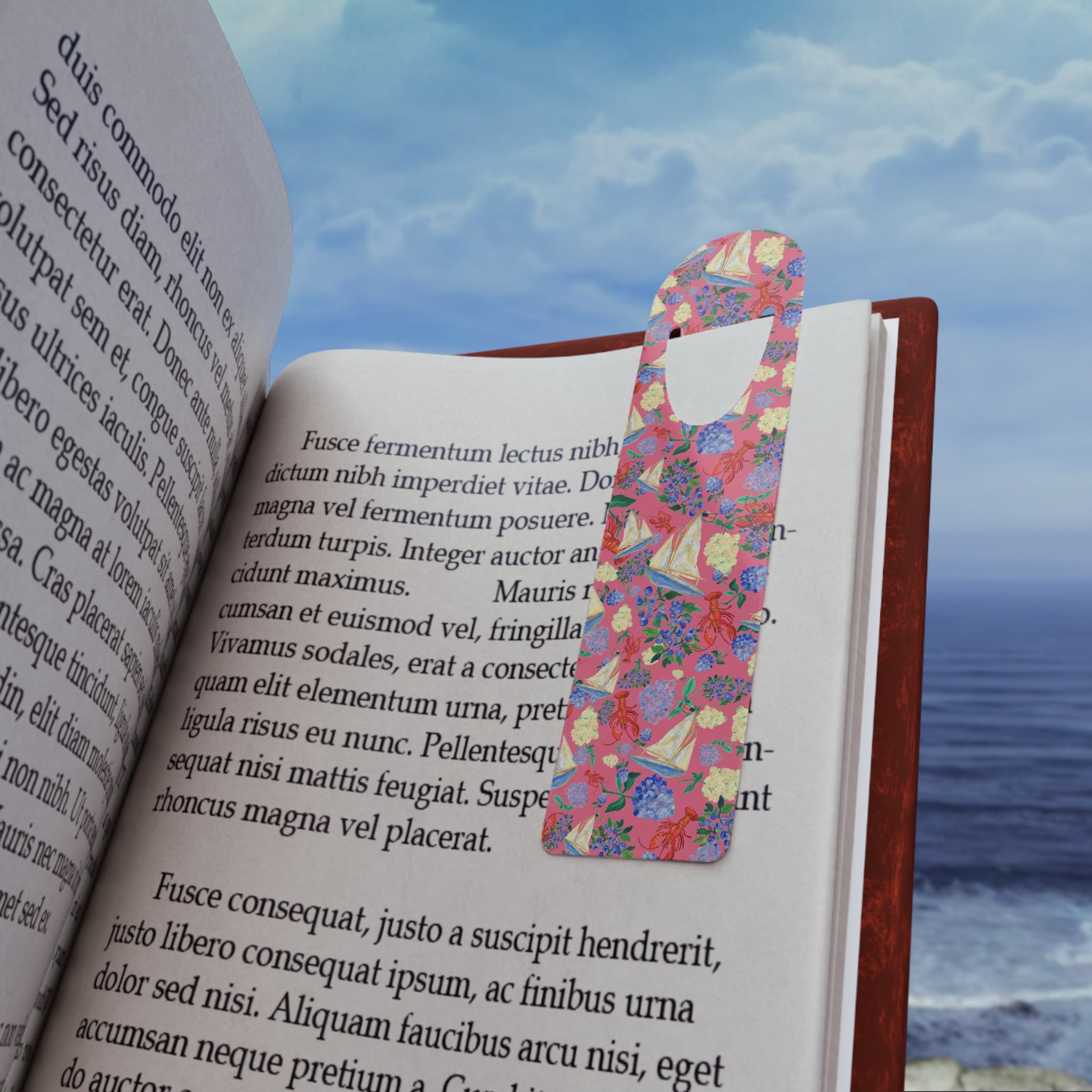 Pink Floral Sailboats Metal Bookmark with sailboats, lobsters and seaside florals — view 5 of 5