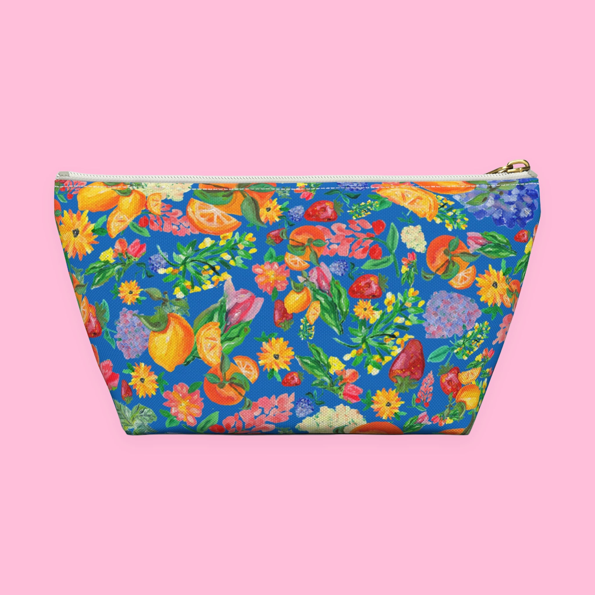 Citrus Garden in Blue Accessory Pouch with hand-painted lemons, oranges and blossoms — view 9 of 11