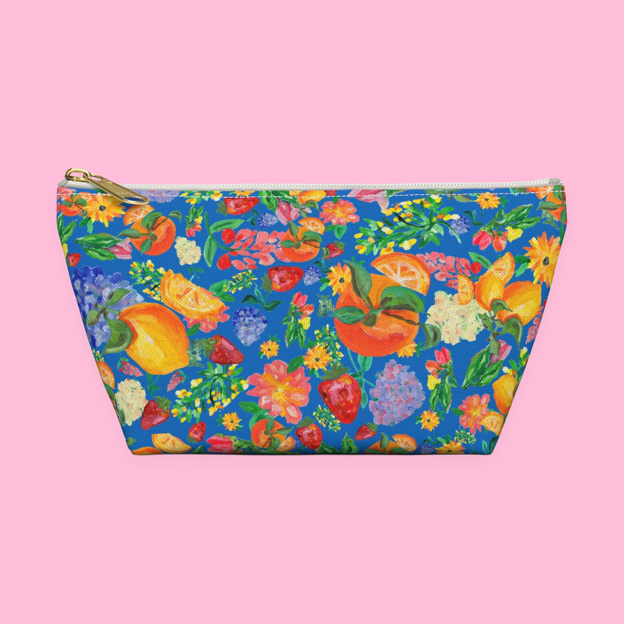 Citrus Garden in Blue Accessory Pouch with hand-painted lemons, oranges and blossoms — view 5 of 11