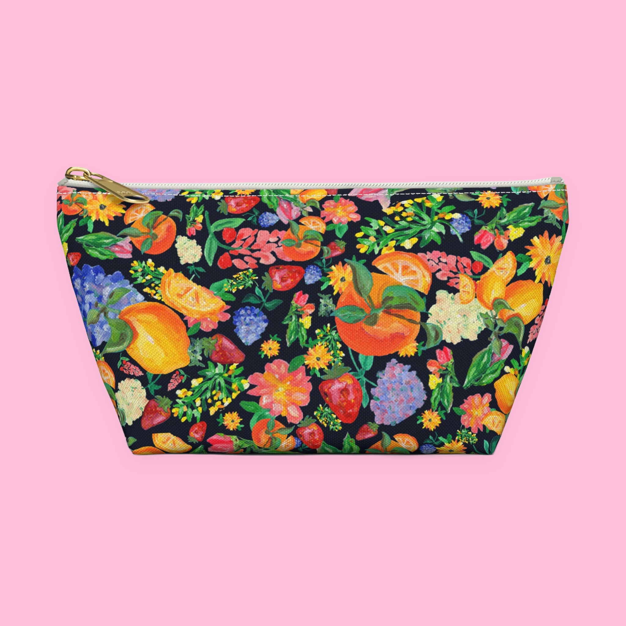 Citrus Garden in Navy Accessory Pouch with hand-painted lemons, oranges and blossoms — view 3 of 9
