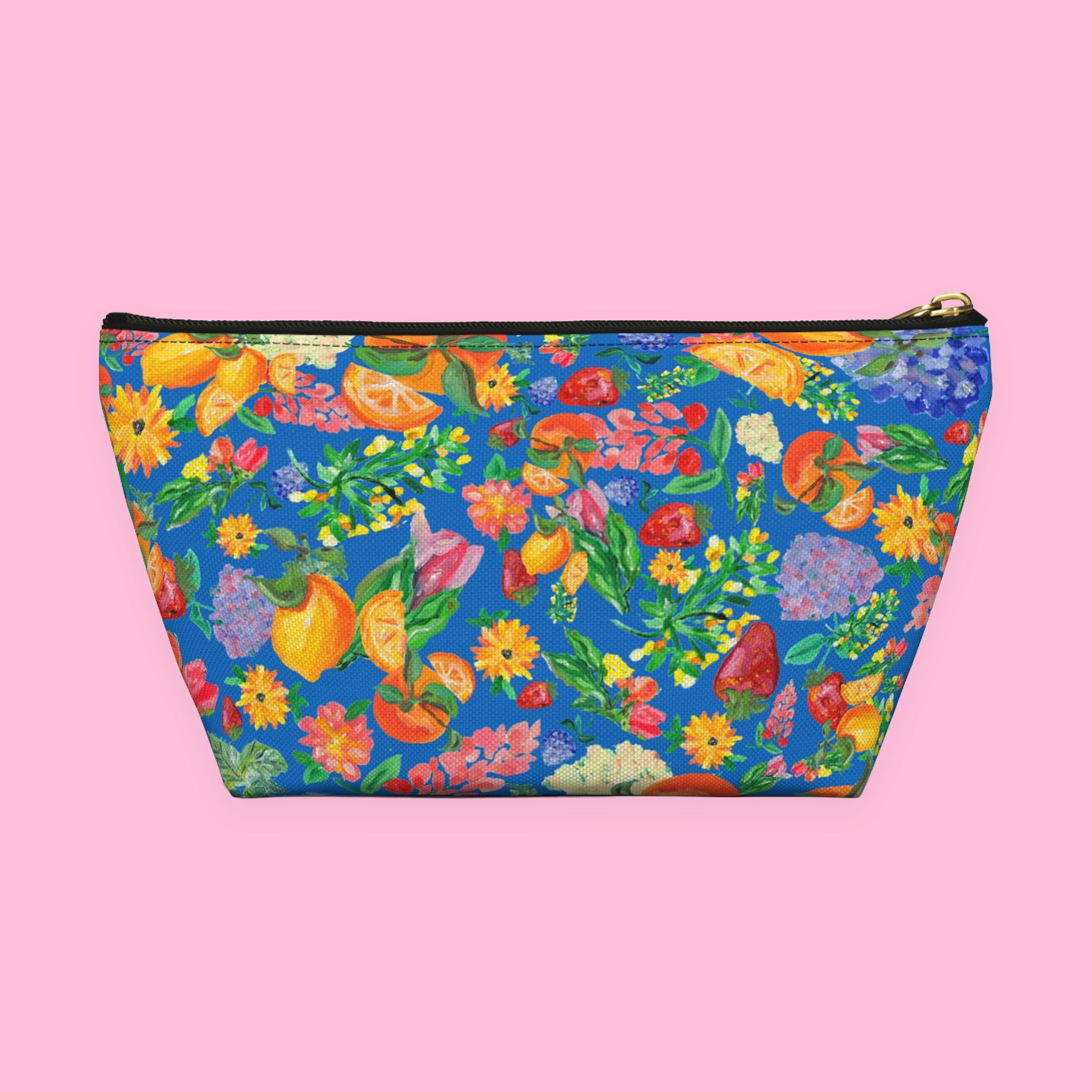 Citrus Garden in Blue Accessory Pouch with hand-painted lemons, oranges and blossoms — view 6 of 11
