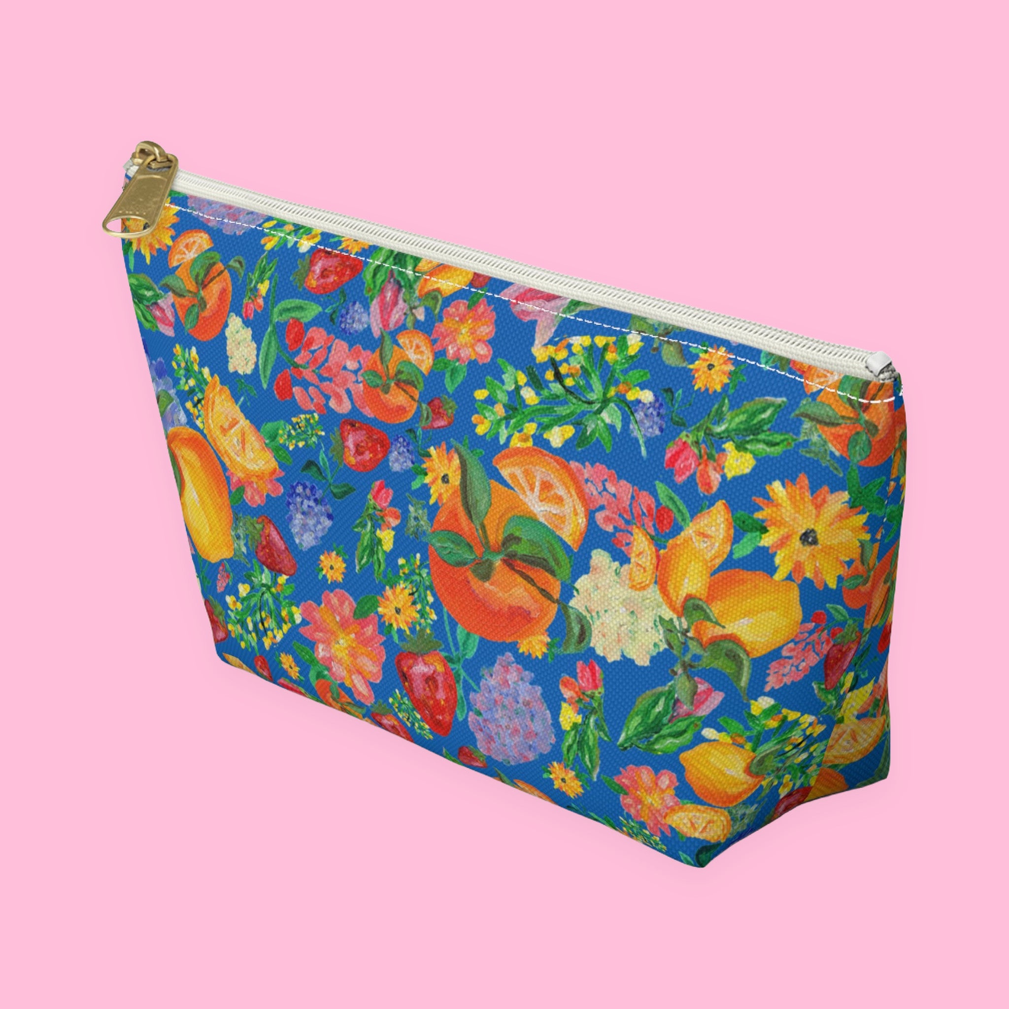 Citrus Garden in Blue Accessory Pouch with hand-painted lemons, oranges and blossoms — view 10 of 11