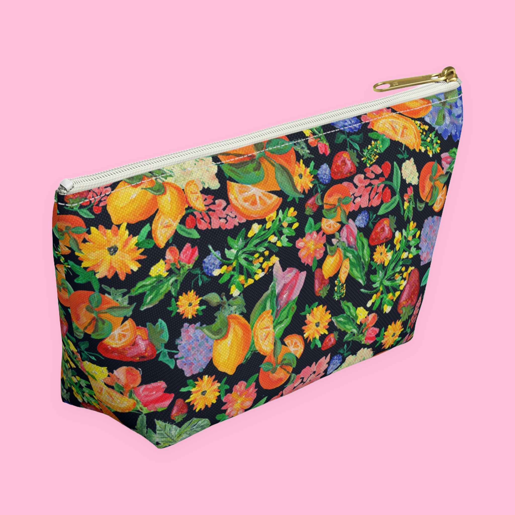 Citrus Garden in Navy Accessory Pouch with hand-painted lemons, oranges and blossoms — view 9 of 9
