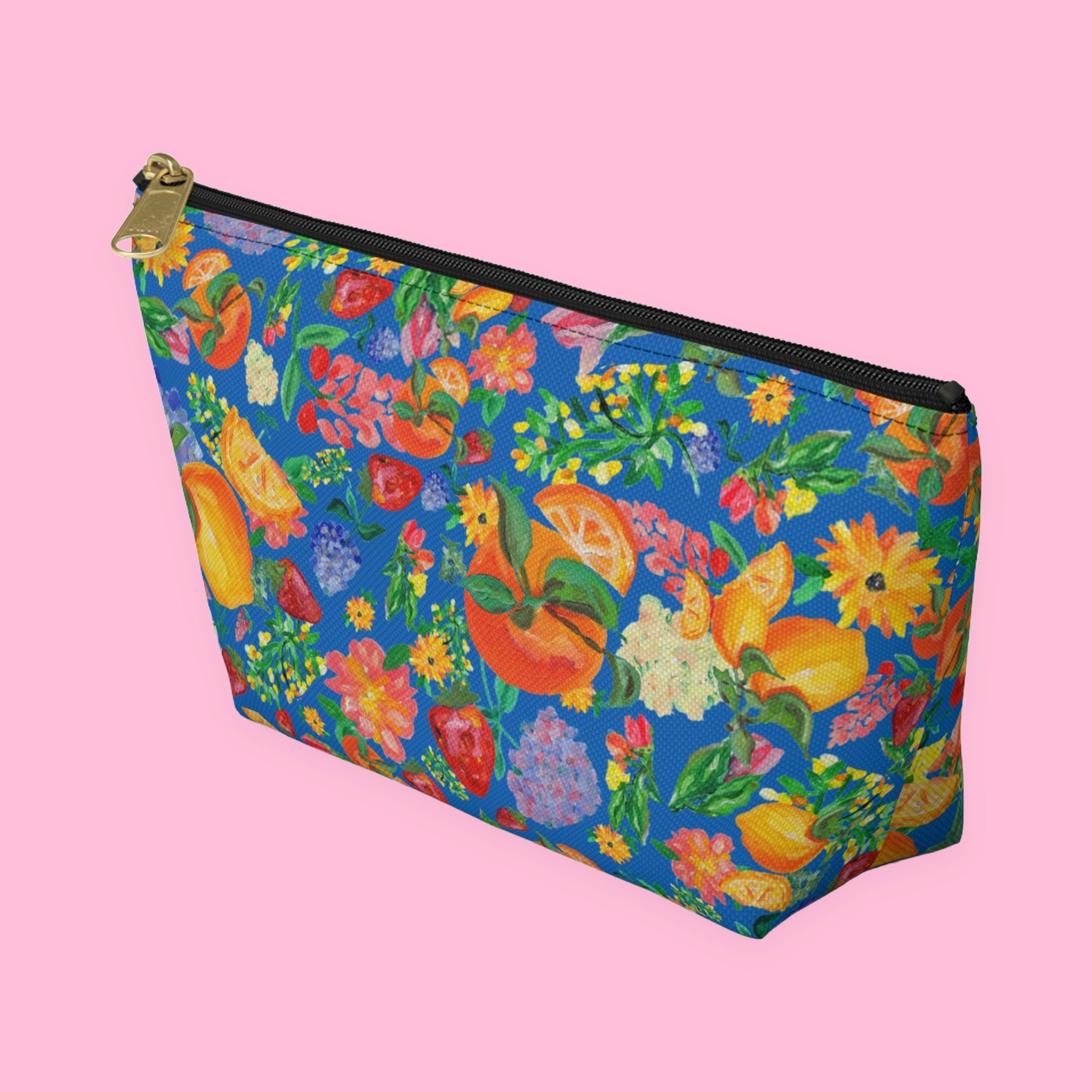 Citrus Garden in Blue Accessory Pouch with hand-painted lemons, oranges and blossoms — view 7 of 11
