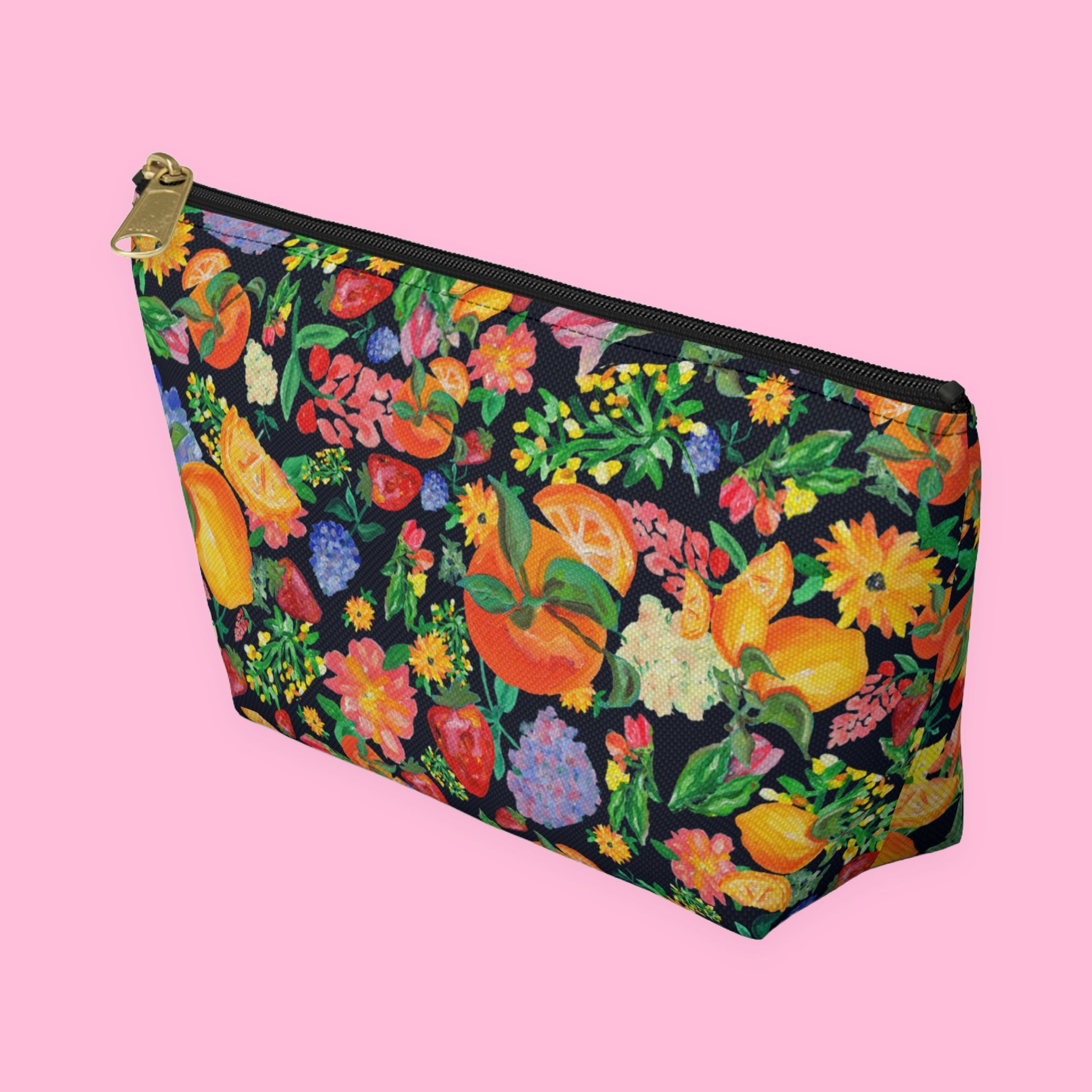 Citrus Garden in Navy Accessory Pouch with hand-painted lemons, oranges and blossoms — view 5 of 9