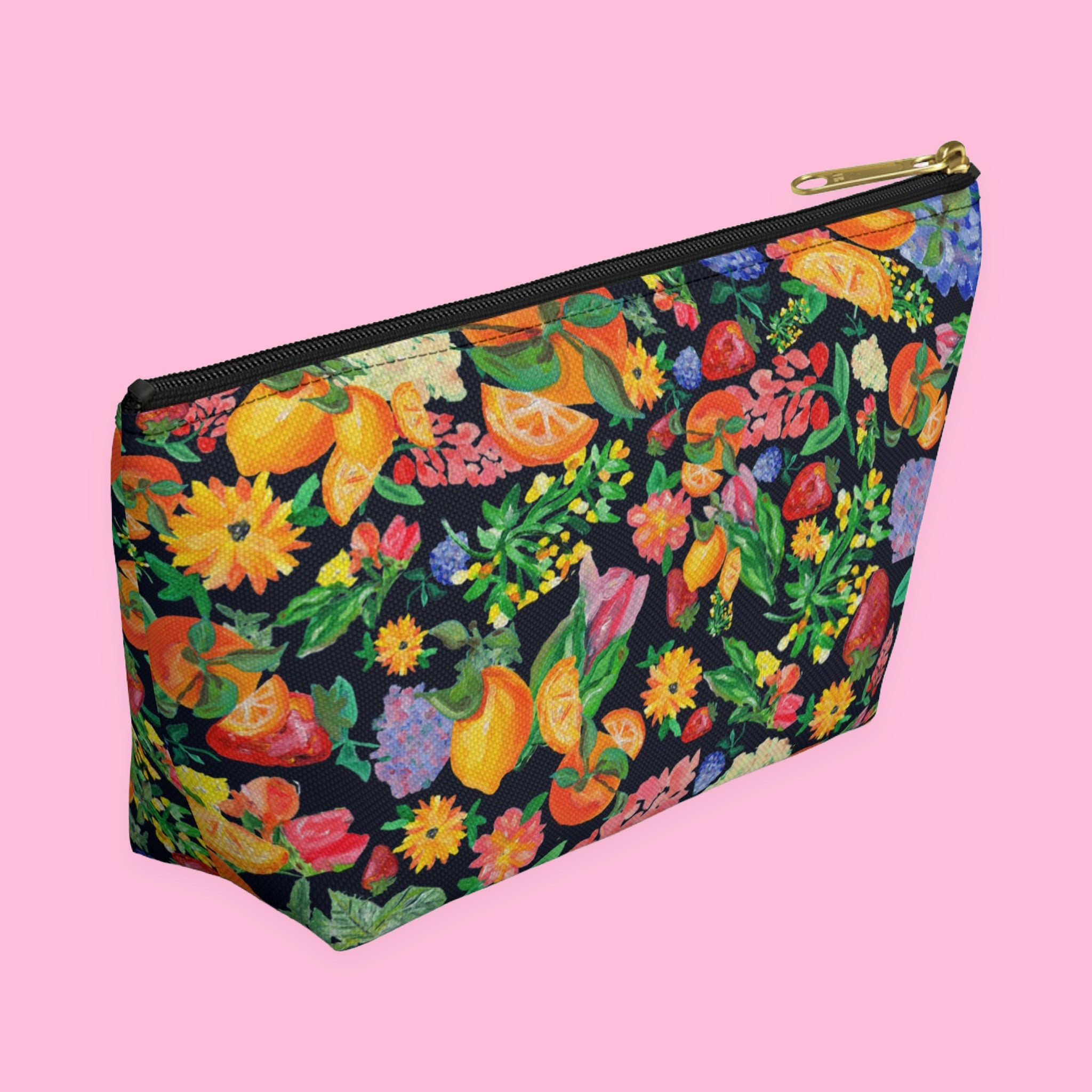 Citrus Garden in Navy Accessory Pouch with hand-painted lemons, oranges and blossoms — view 6 of 9