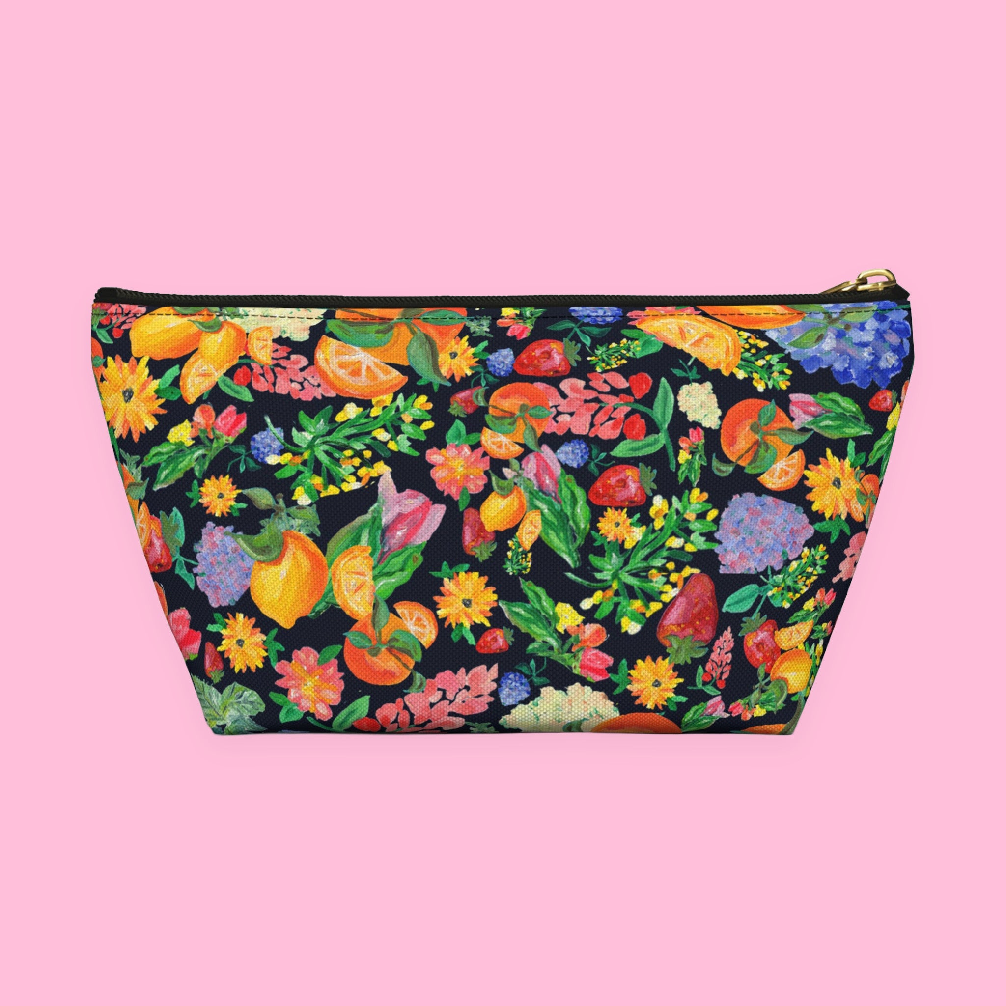 Citrus Garden in Navy Accessory Pouch with hand-painted lemons, oranges and blossoms — view 4 of 9