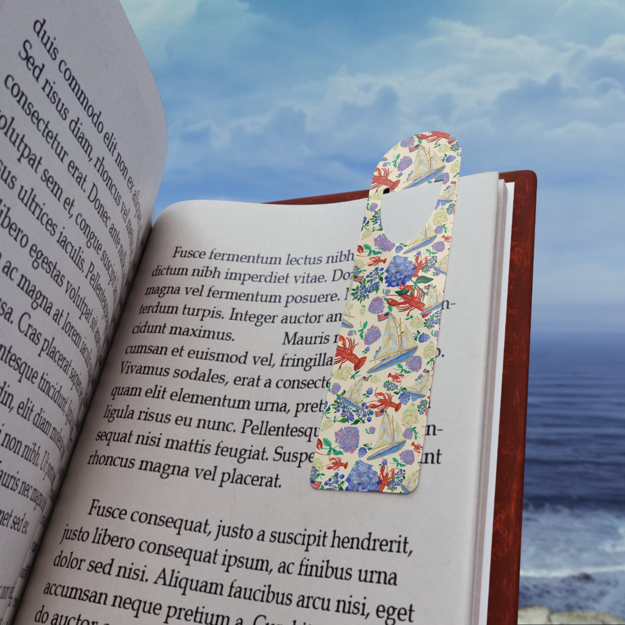 New England Summer in Crème Metal Bookmark with sailboats, lobsters and seaside florals — view 4 of 4