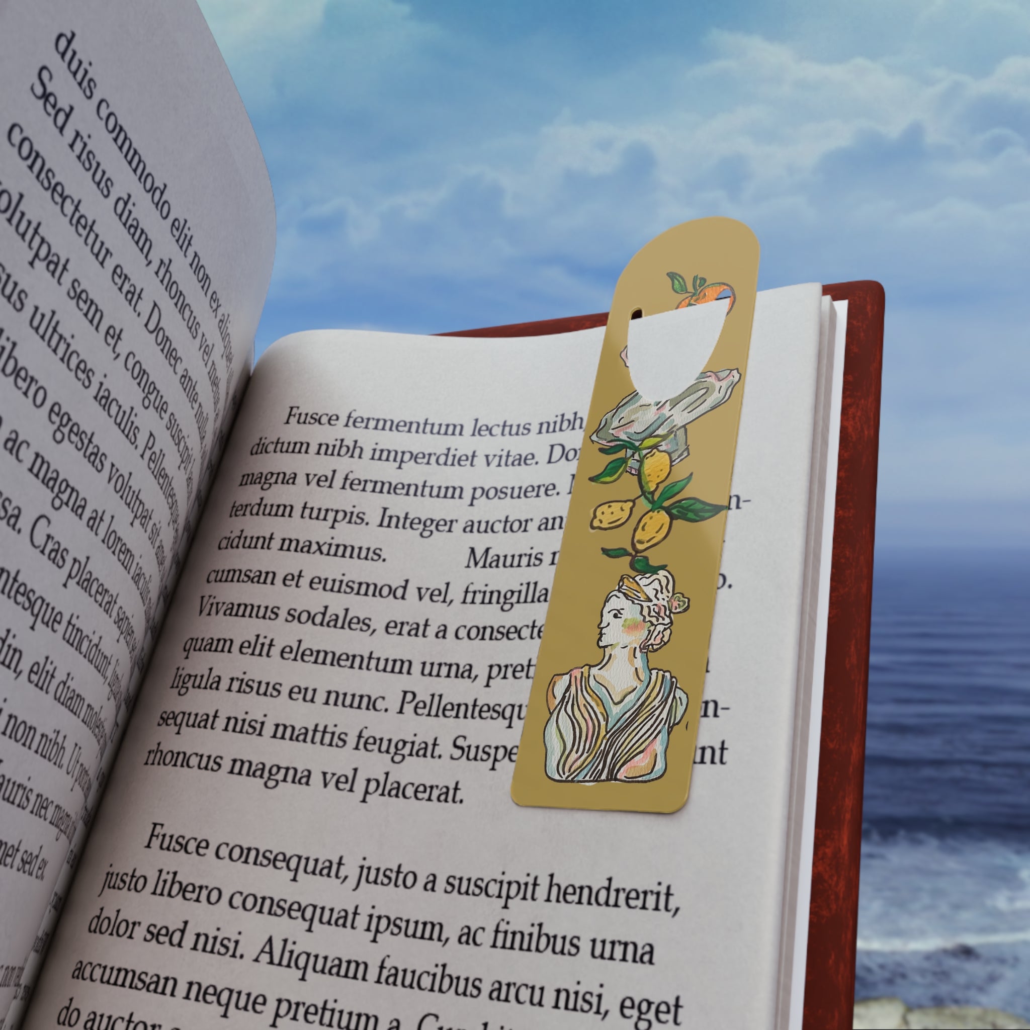 Art Deco Citrus Metal Bookmark with classical busts and lemons on warm ochre — view 4 of 4