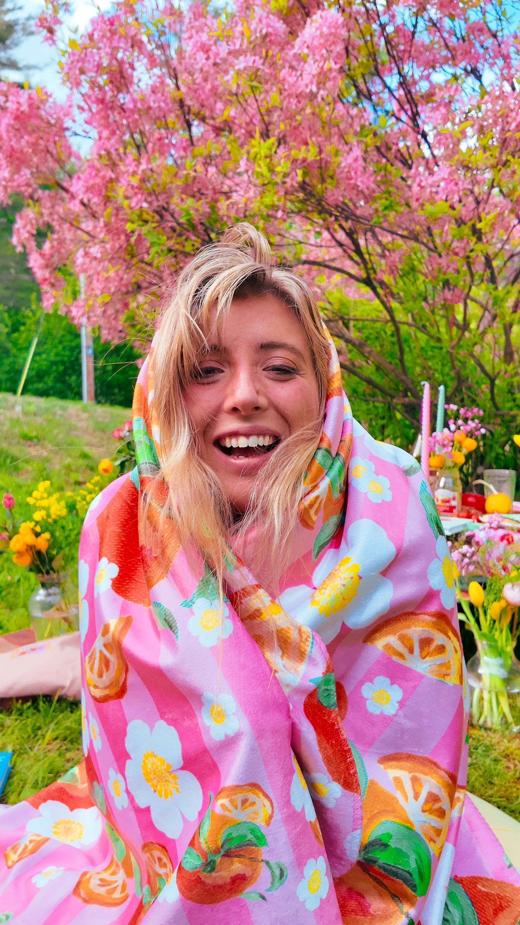 Floral Orange Striped in Pink | Sherpa Blanket 🍊