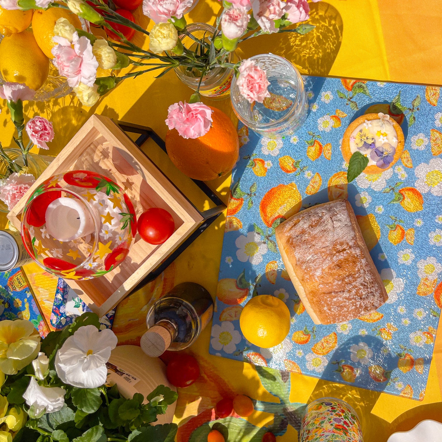 Floral Lemon Glass Cutting Board with hand-painted lemons