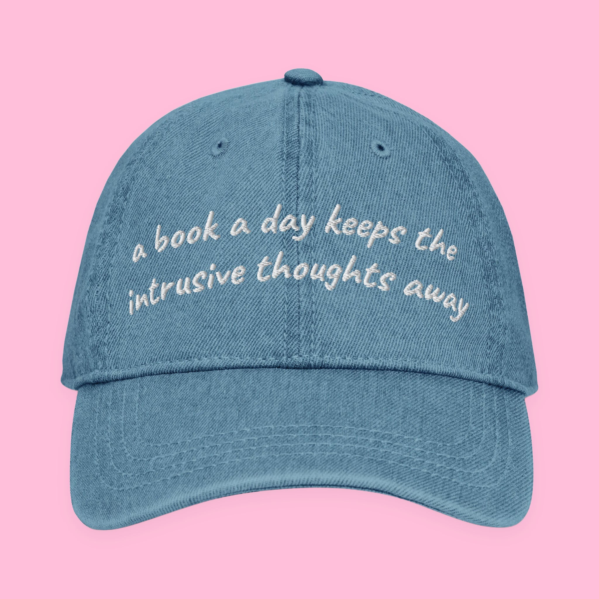 A Book a Day Embroidered Denim Hat with embroidered "A Book a Day" design