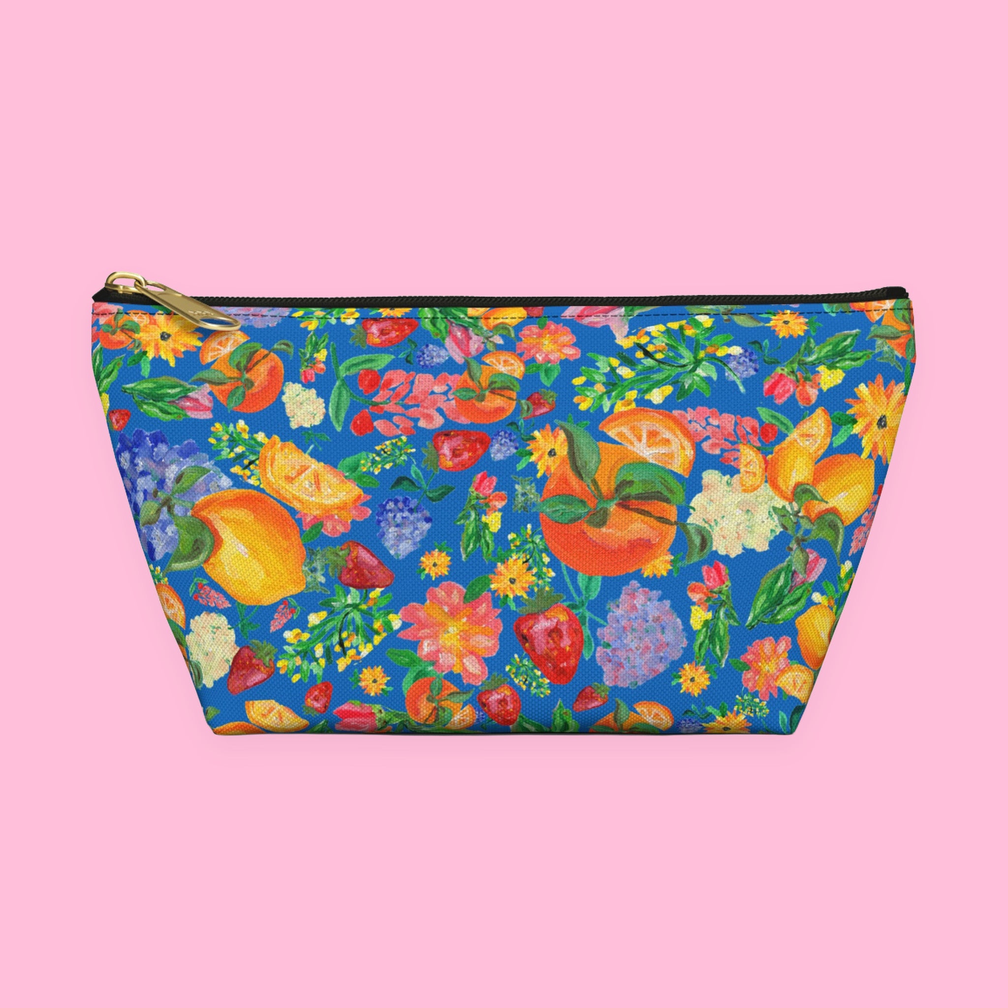 Citrus Garden in Blue Accessory Pouch with hand-painted lemons, oranges and blossoms