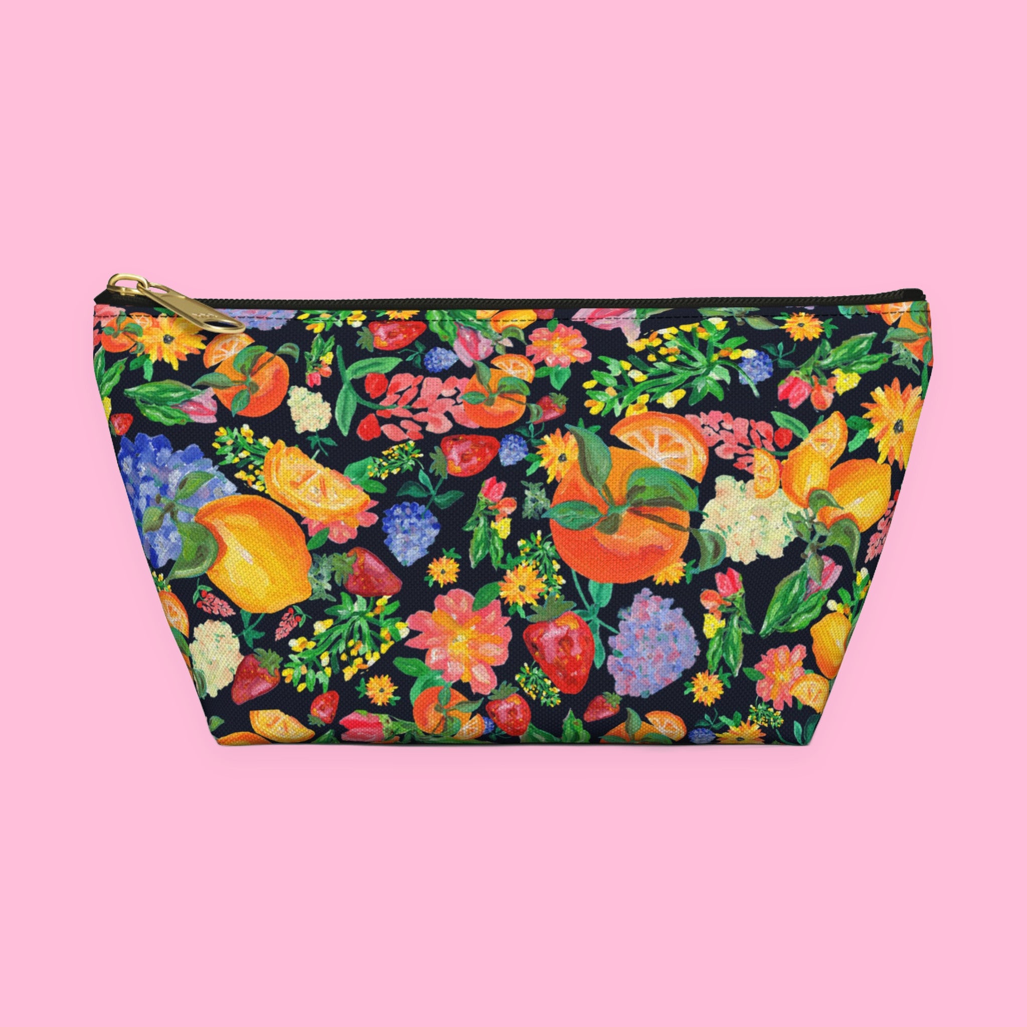 Citrus Garden in Navy Accessory Pouch with hand-painted lemons, oranges and blossoms