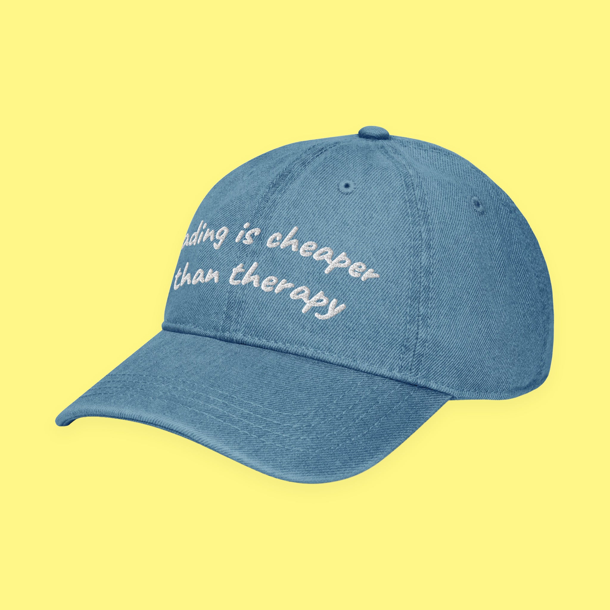 Reading Is Cheaper Embroidered Denim Hat with embroidered "Reading Is Cheaper" design — view 7 of 9
