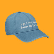 I Put My Book Down to Be Here Embroidered Denim Hat with embroidered "I Put My Book Down to Be Here" design — view 7 of 7