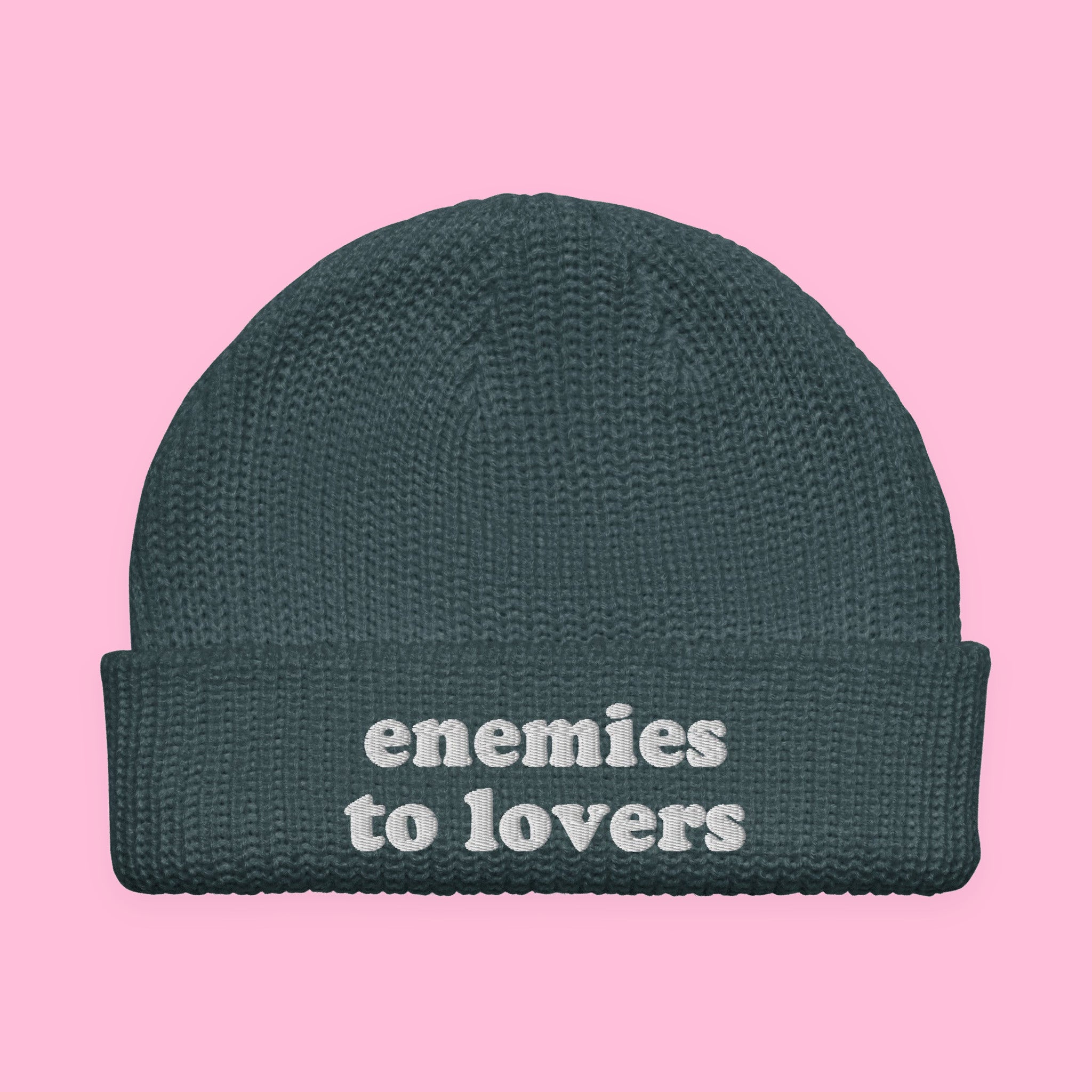 Enemies to Lovers Embroidered Fisherman Beanie with embroidered "Enemies to Lovers" design