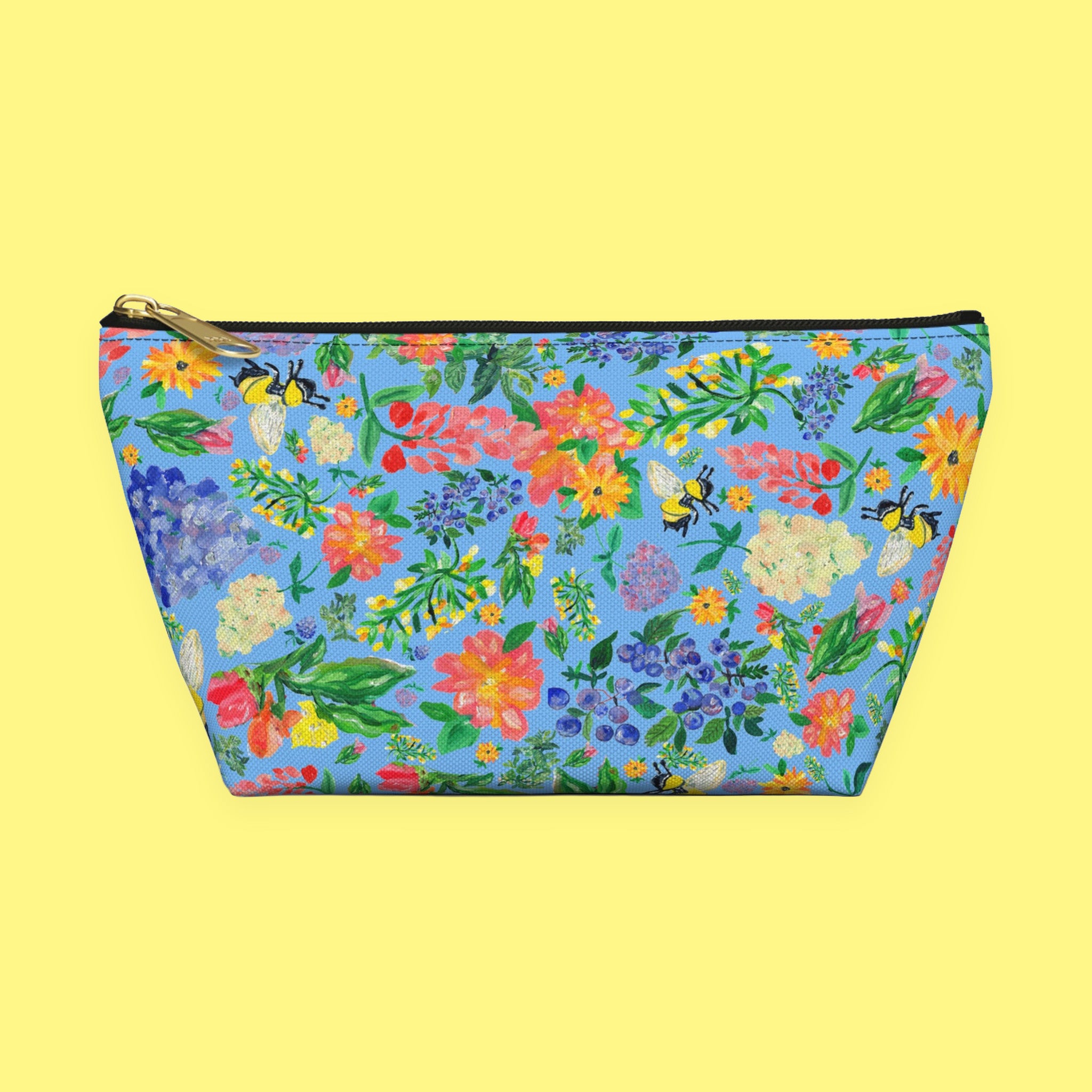 Floral Bee Accessory Pouch Blue T-Bottom Makeup Bag