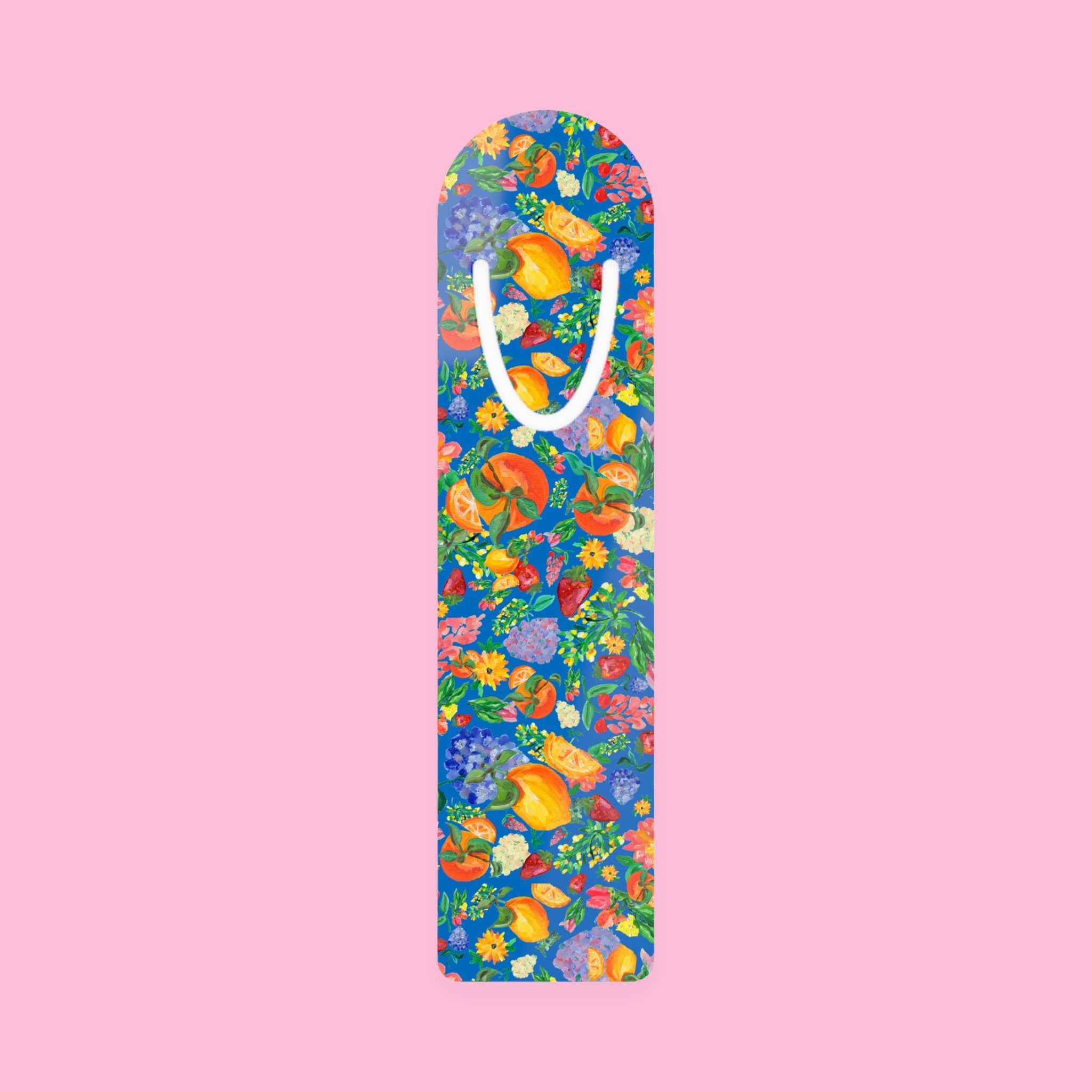 Floral Citrus Metal Bookmark Bright Blue Lemon & Wildflower Reading Ribbon