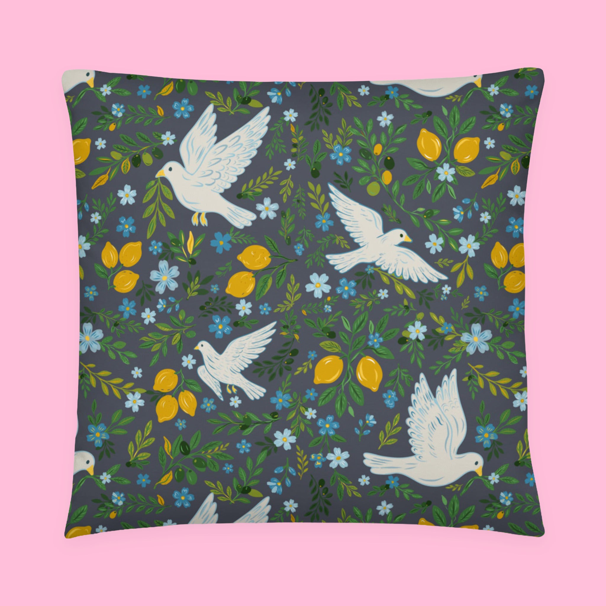Fruit of The Spirit square pillow with doves and lemons