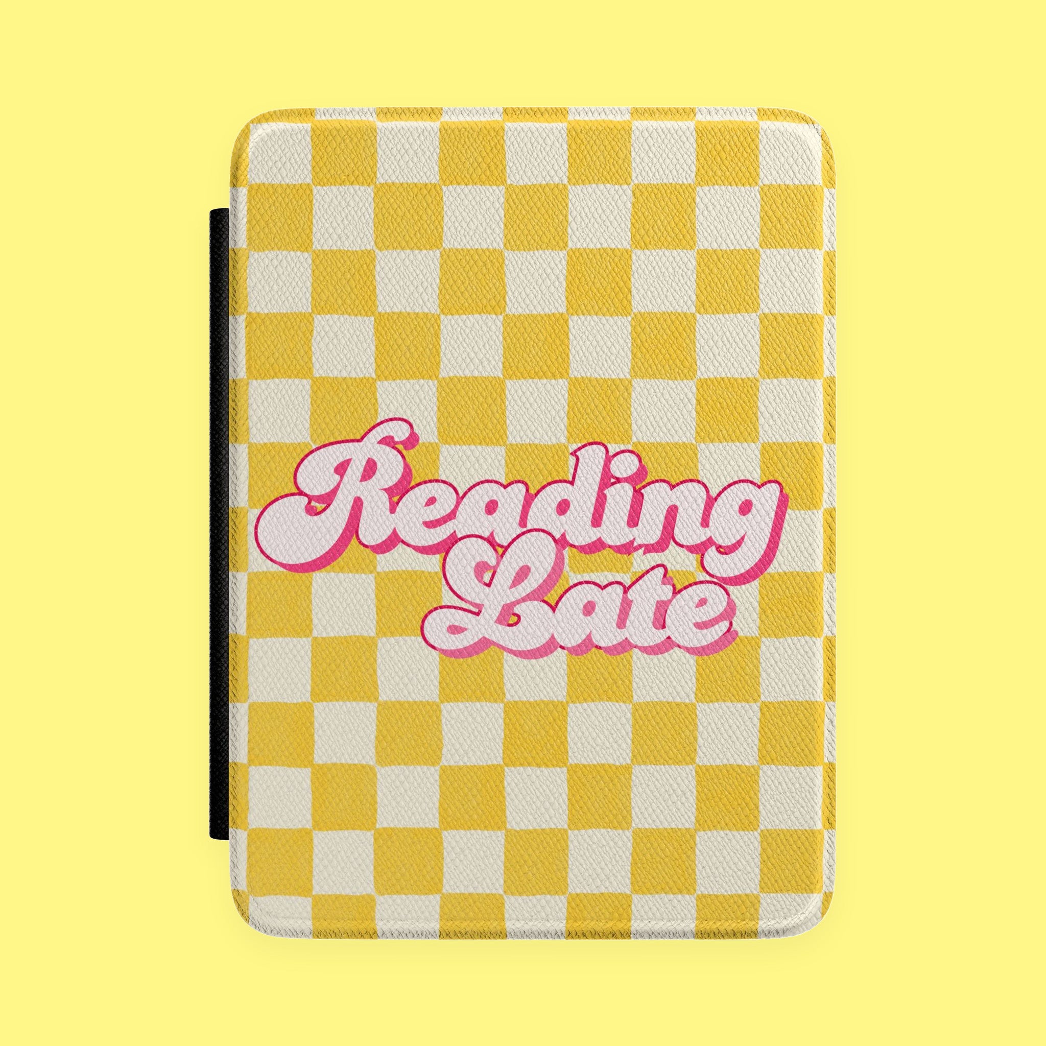 Kindle Case 'Reading Late' Retro Checkerboard Cover, Yellow & Pink Book Sleeve