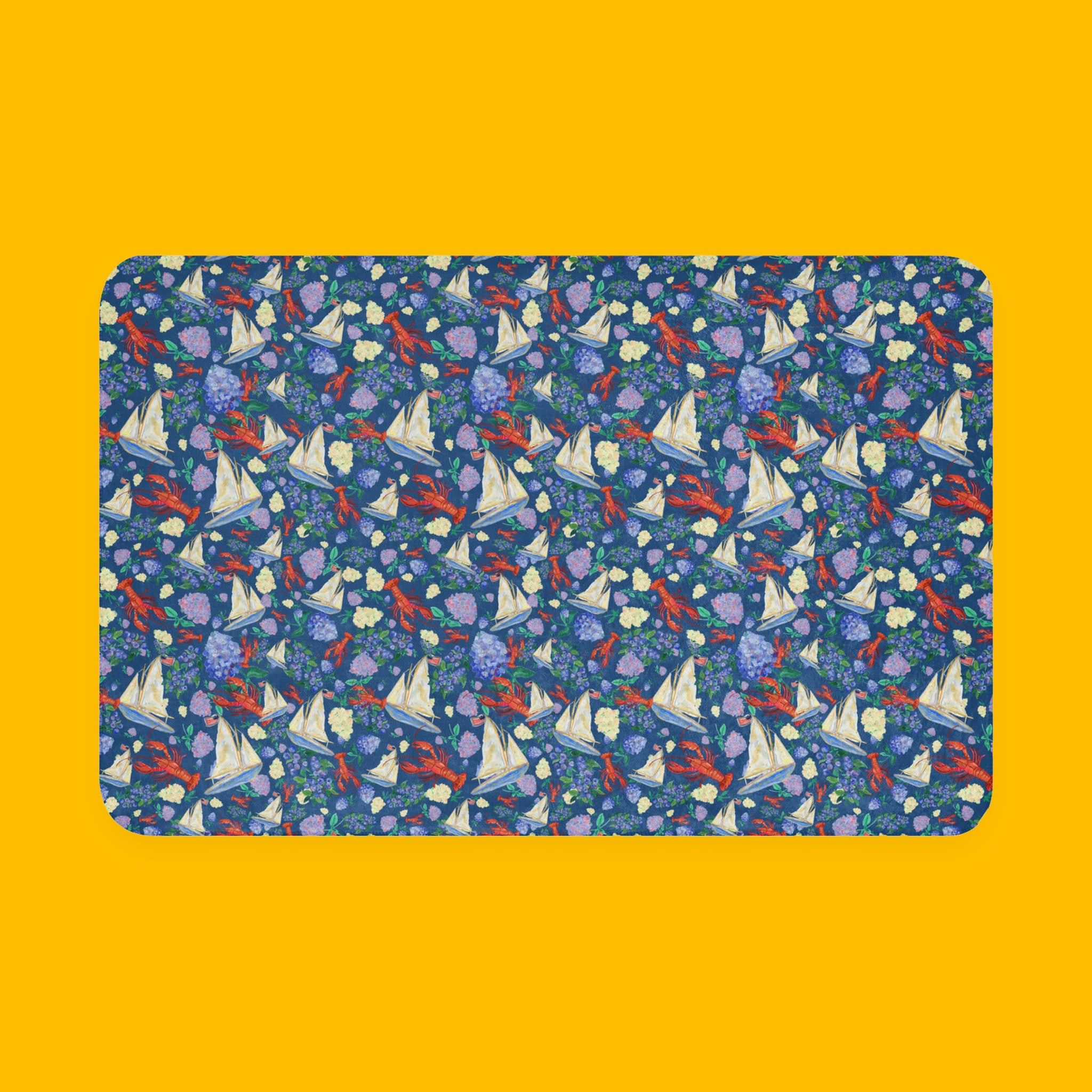 New England Summer in Dark Blue Sherpa Throw Blanket with sailboats, lobsters and seaside florals