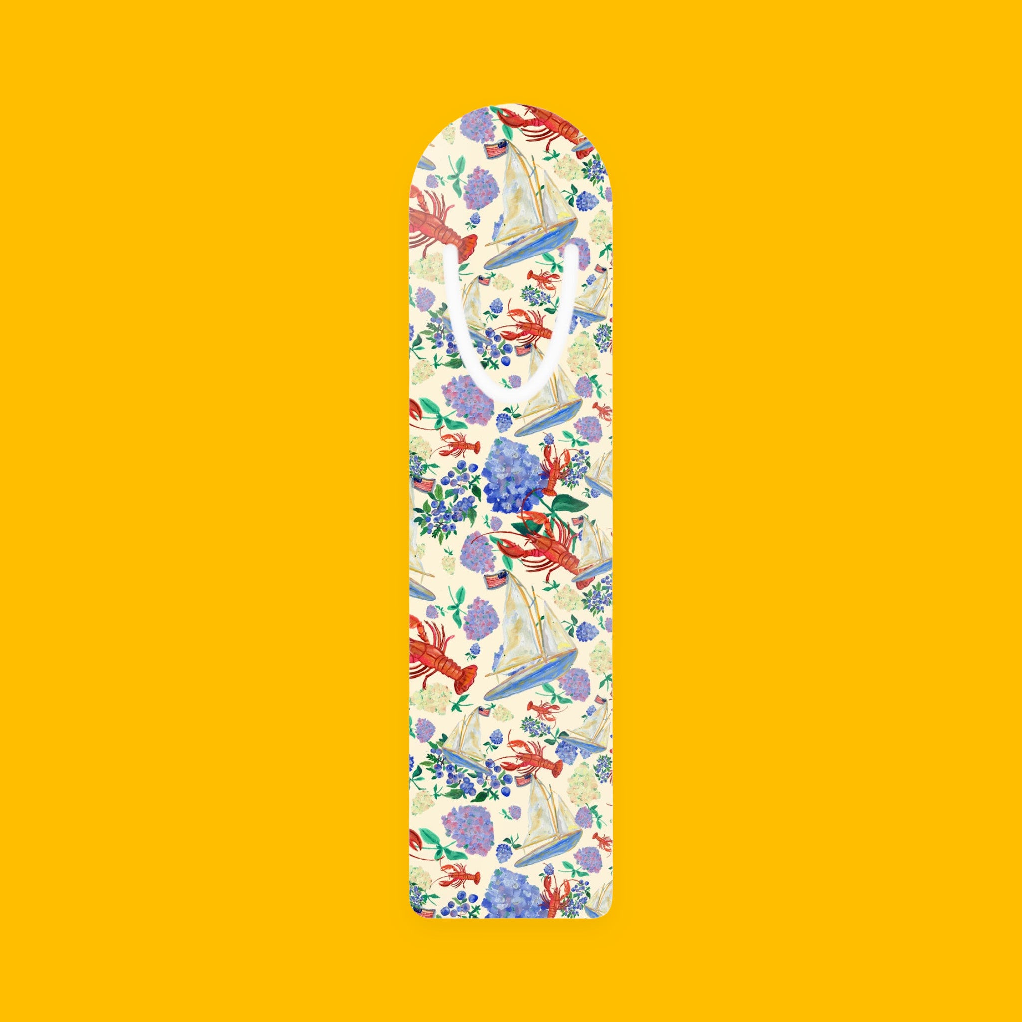 New England Summer in Crème Metal Bookmark with sailboats, lobsters and seaside florals