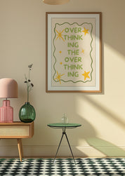 Overthinking the Overthinking 24x36 mental health wall art poster framed in a sunny mid-century room with a checkered floor
