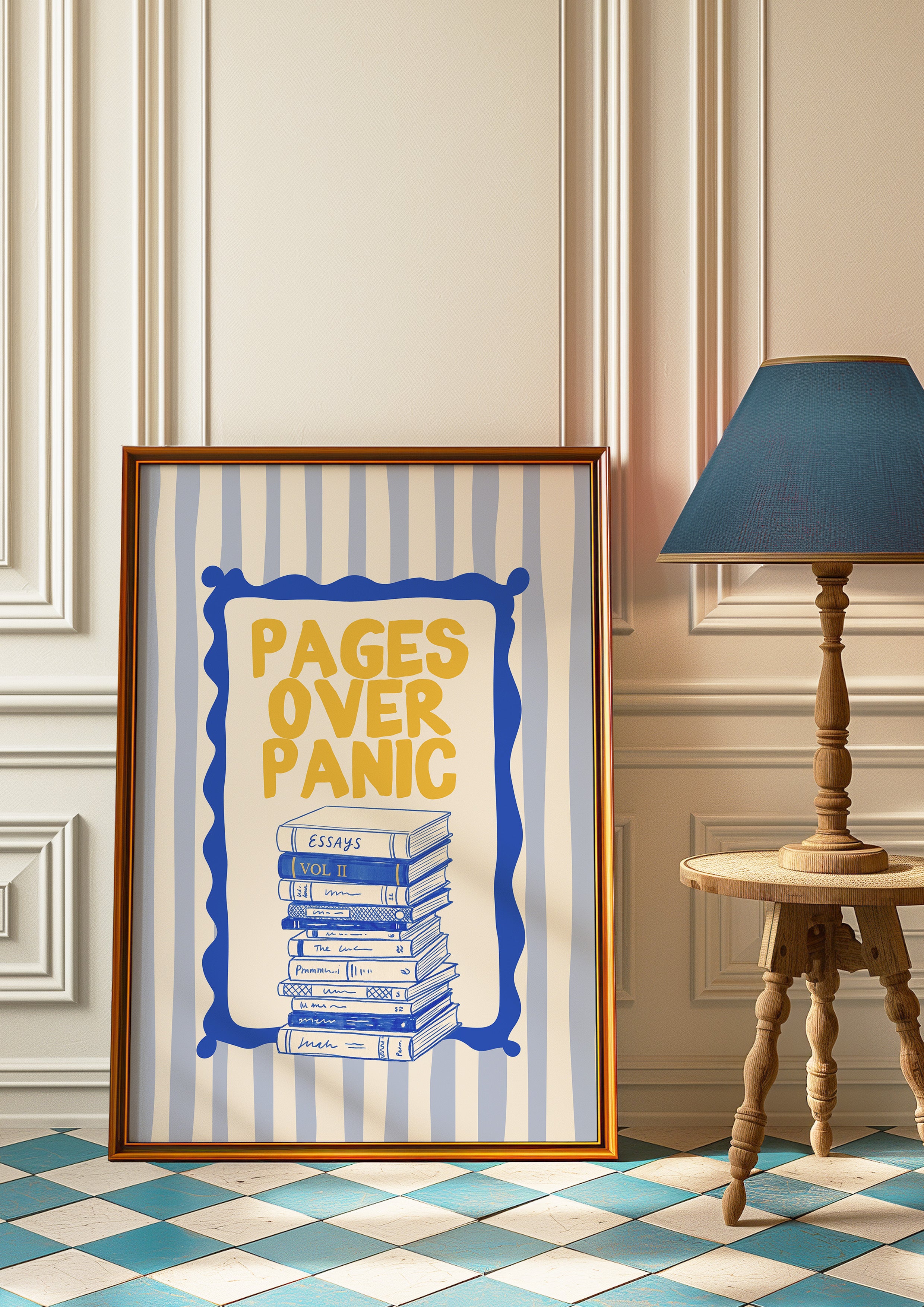 Pages Over Panic 24x36 bookish wall art poster leaning against a paneled wall on a blue checkered floor
