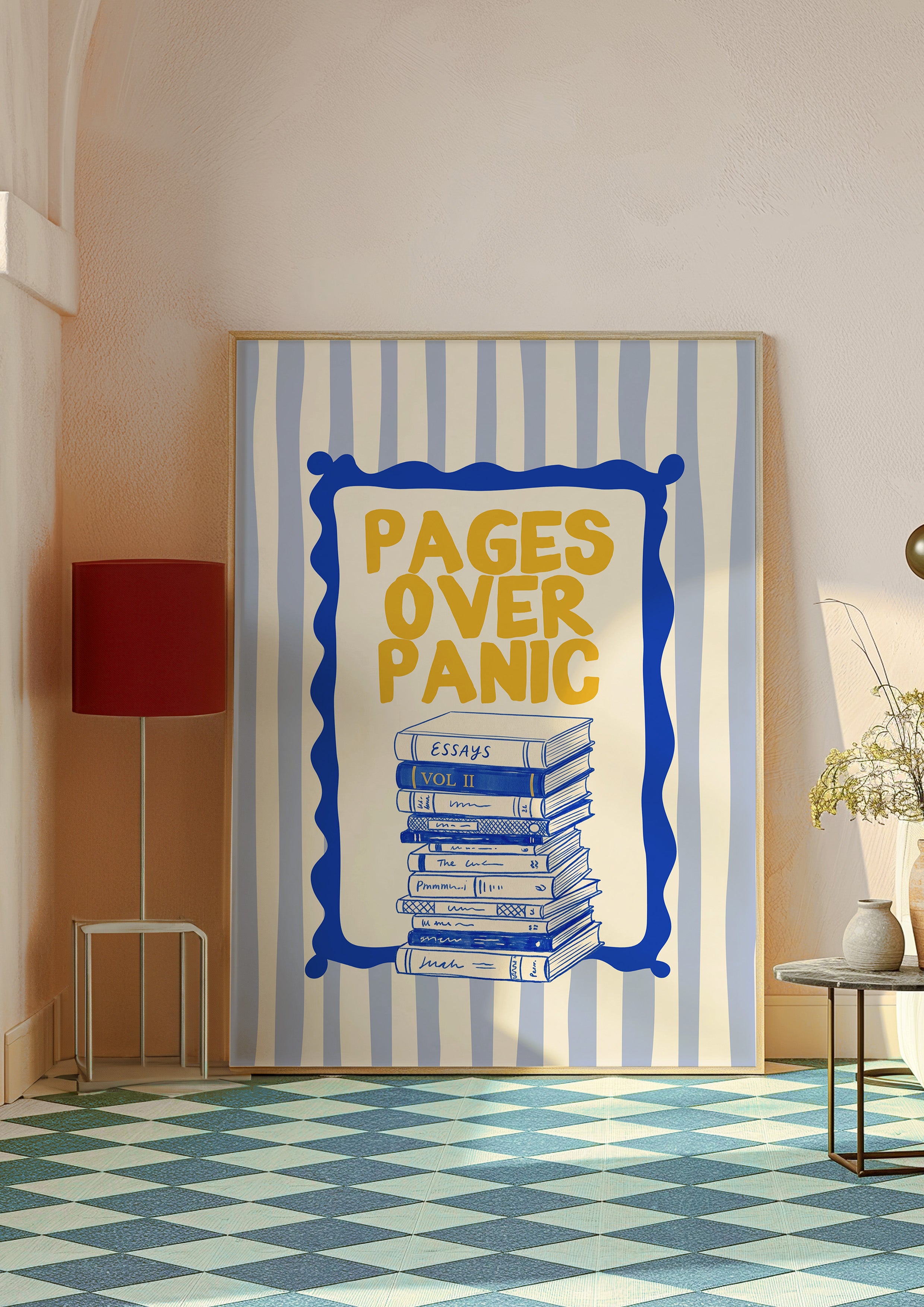 Pages Over Panic 24x36 bookish wall art poster leaning in a pale room with a blue checkered floor and red lamp