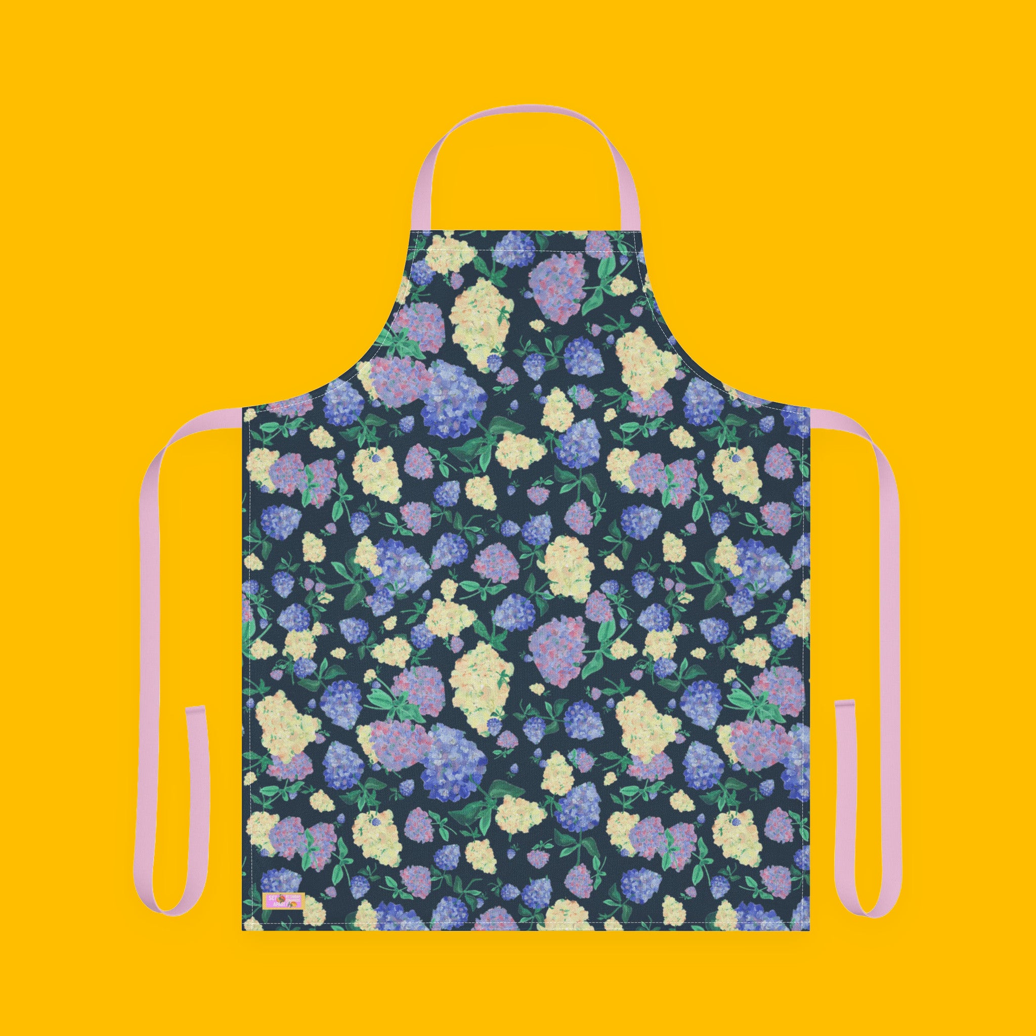 Painted Hydrangeas in Dark Green Apron with painted hydrangeas
