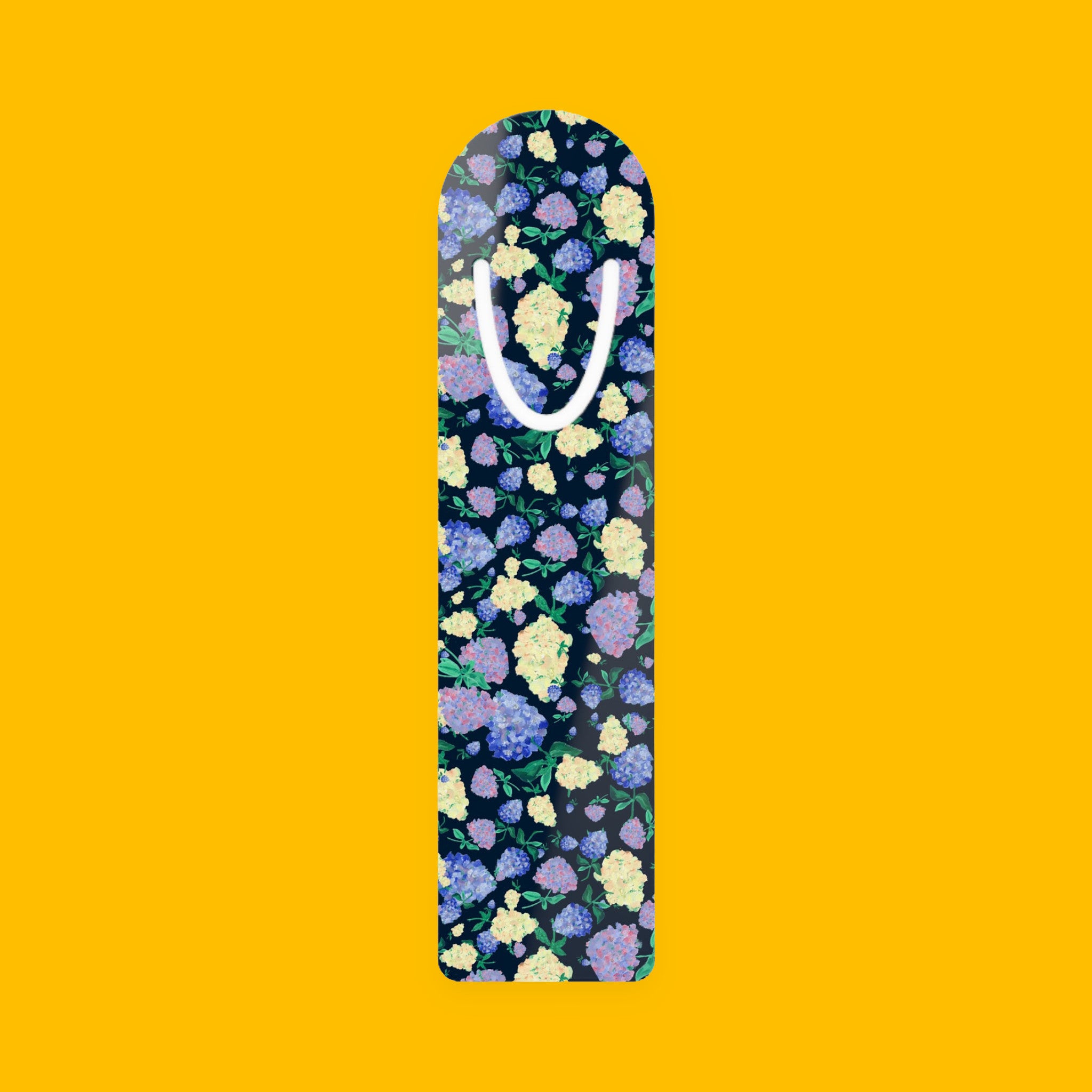 Painted Hydrangeas & Lilacs in Navy Metal Bookmark with painted hydrangeas and lilacs