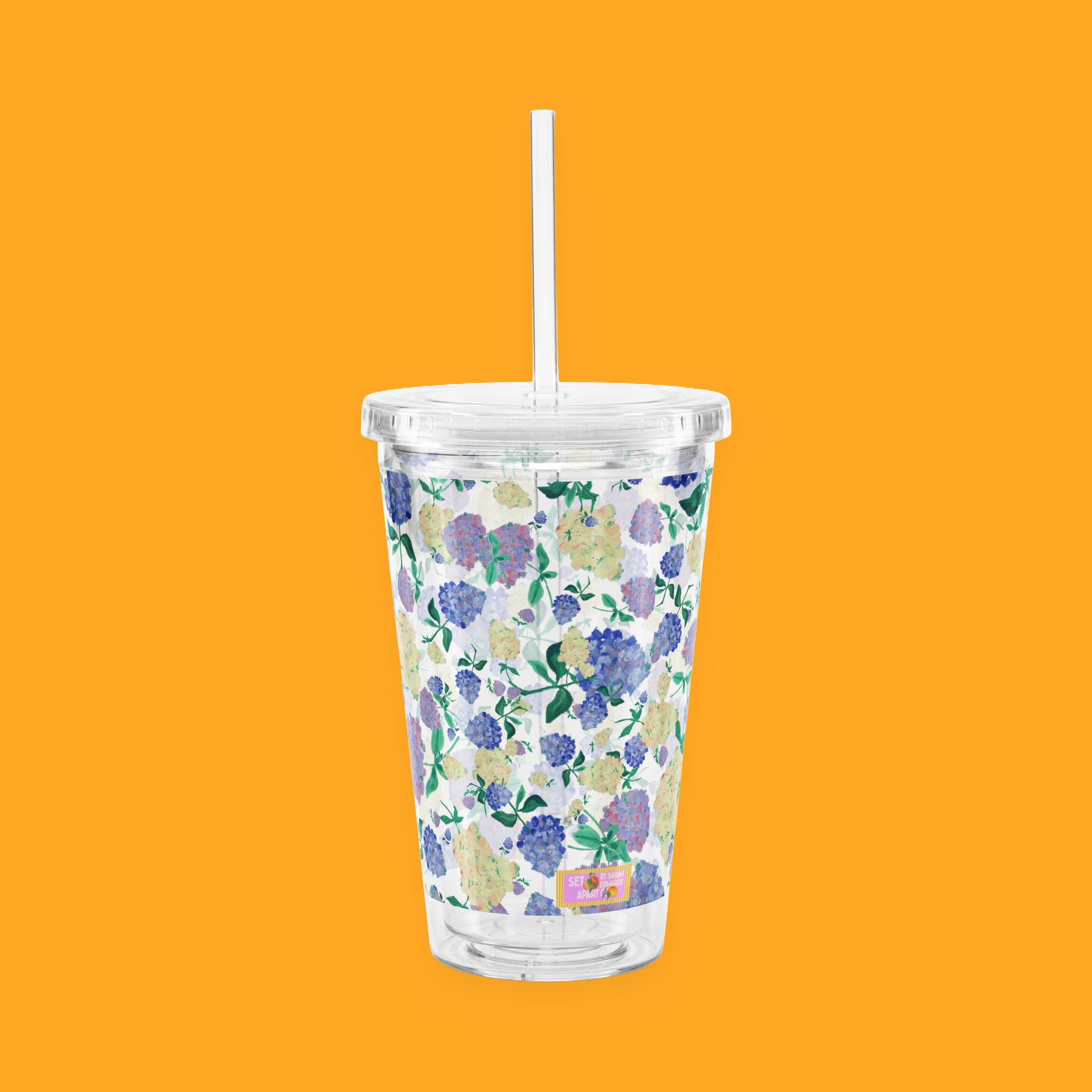 Painted Hydrangeas Tumbler with Lid & Straw, featuring painted hydrangeas