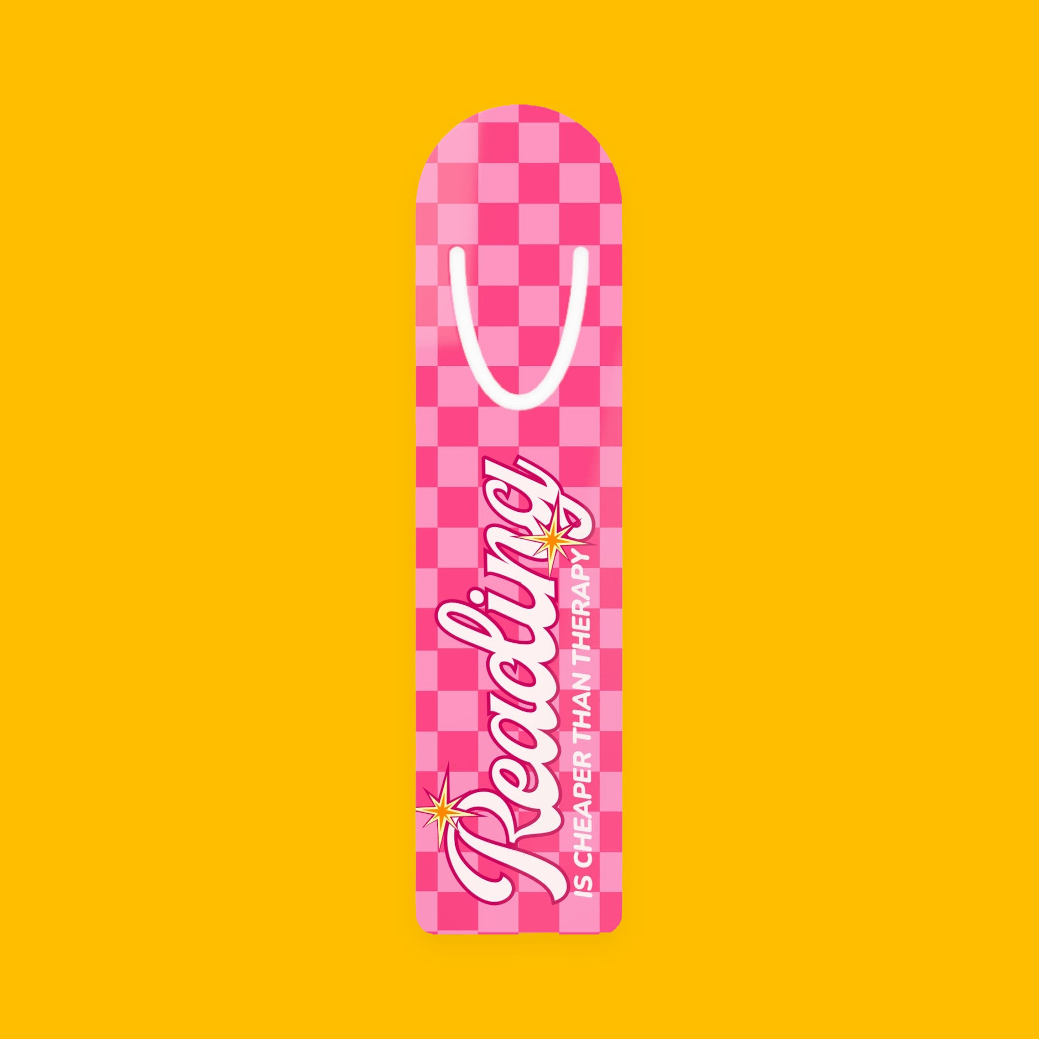 Reading Bookmark Pink Checker "Reading is Cheaper Than Therapy" Metal Page Marker