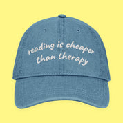 Reading Is Cheaper Embroidered Denim Hat with embroidered "Reading Is Cheaper" design