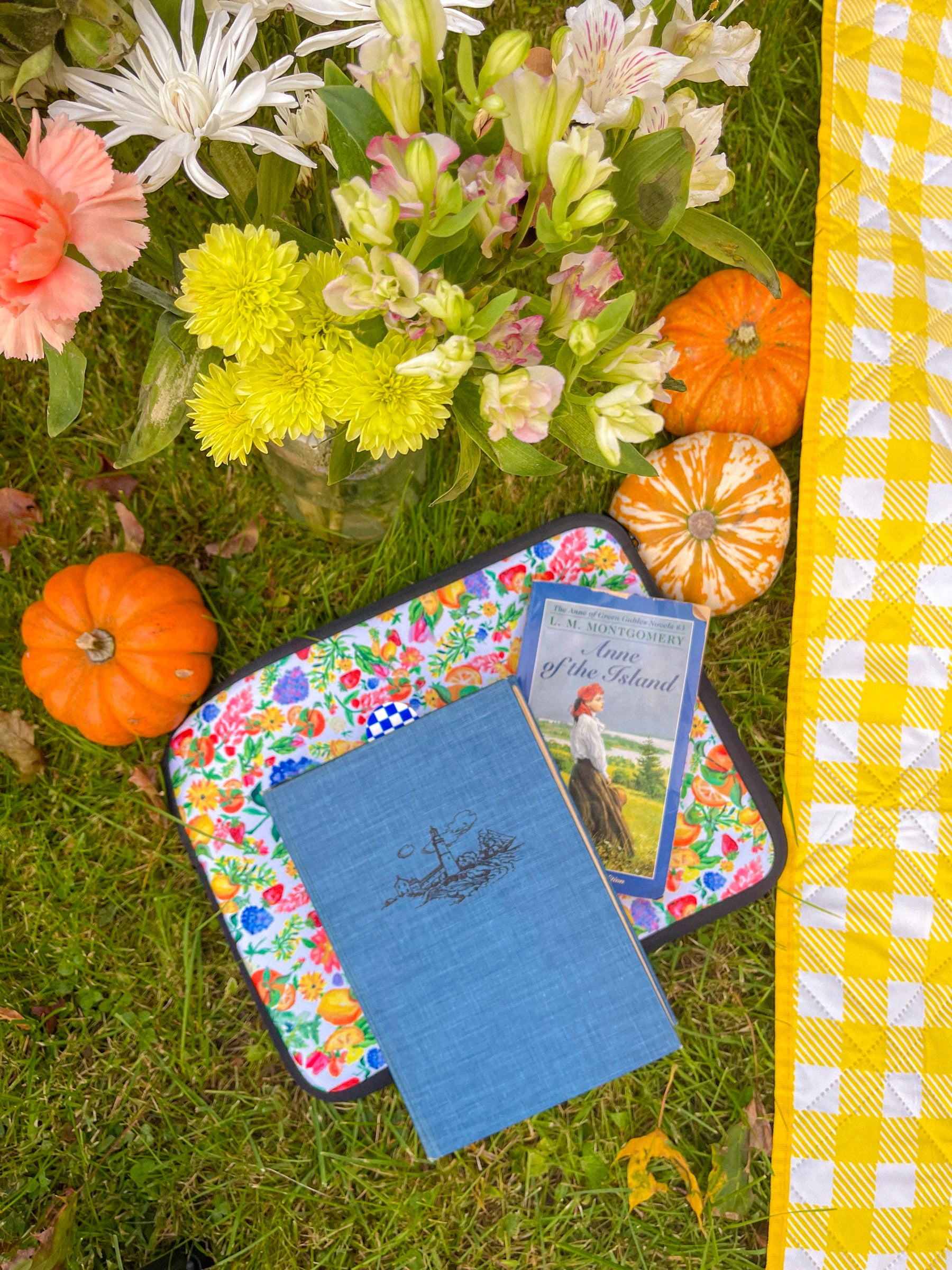 Floral book sleeve with classic novels, pumpkins and fall flowers on a picnic blanket