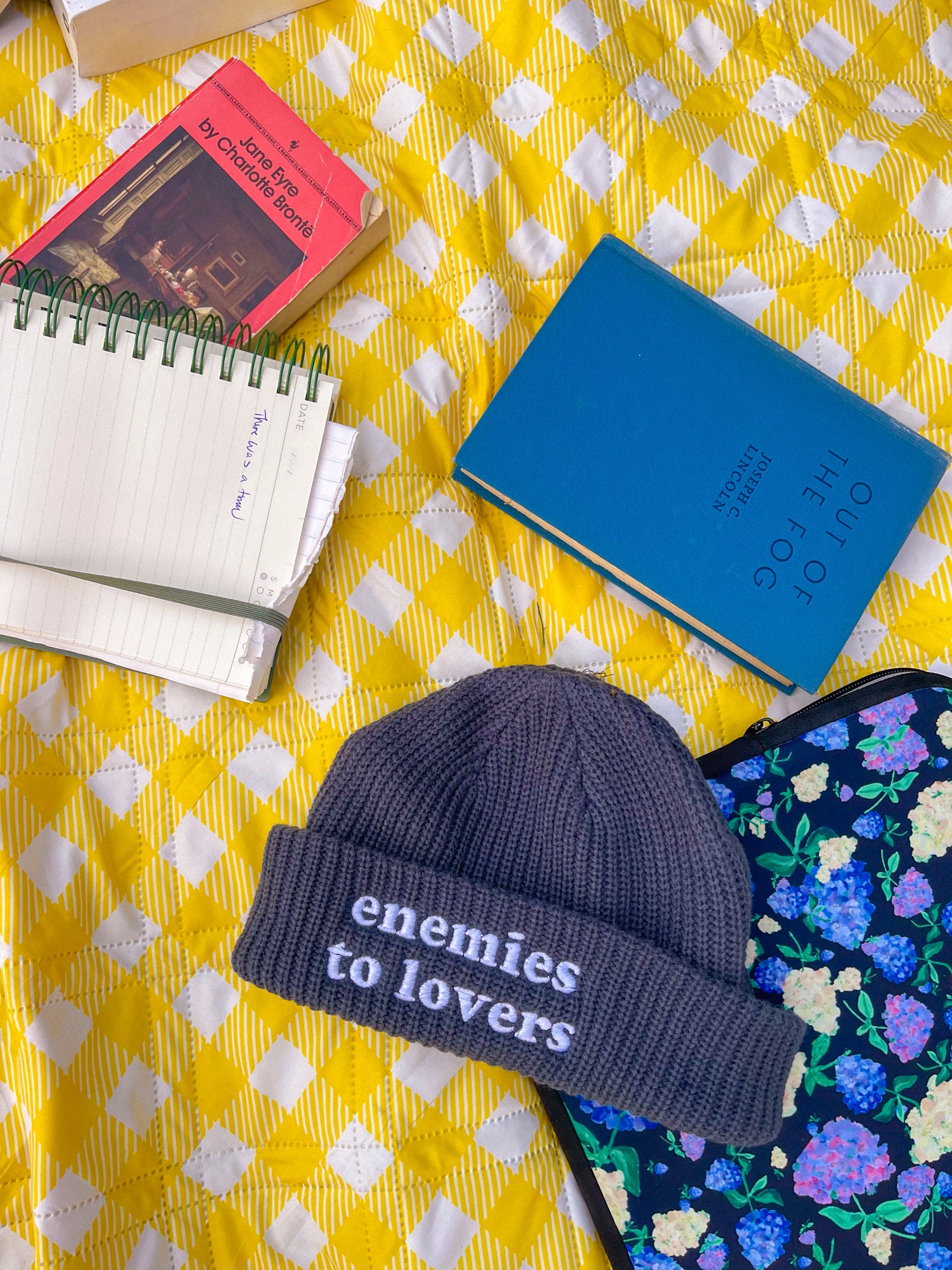 Enemies to Lovers fisherman beanie on a picnic blanket with books and a hydrangea book sleeve