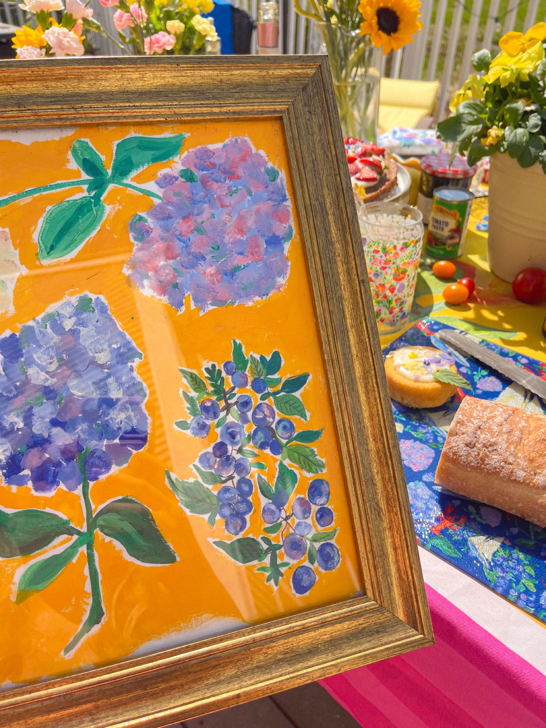 Original hydrangea oil painting on a marigold background in a gold frame
