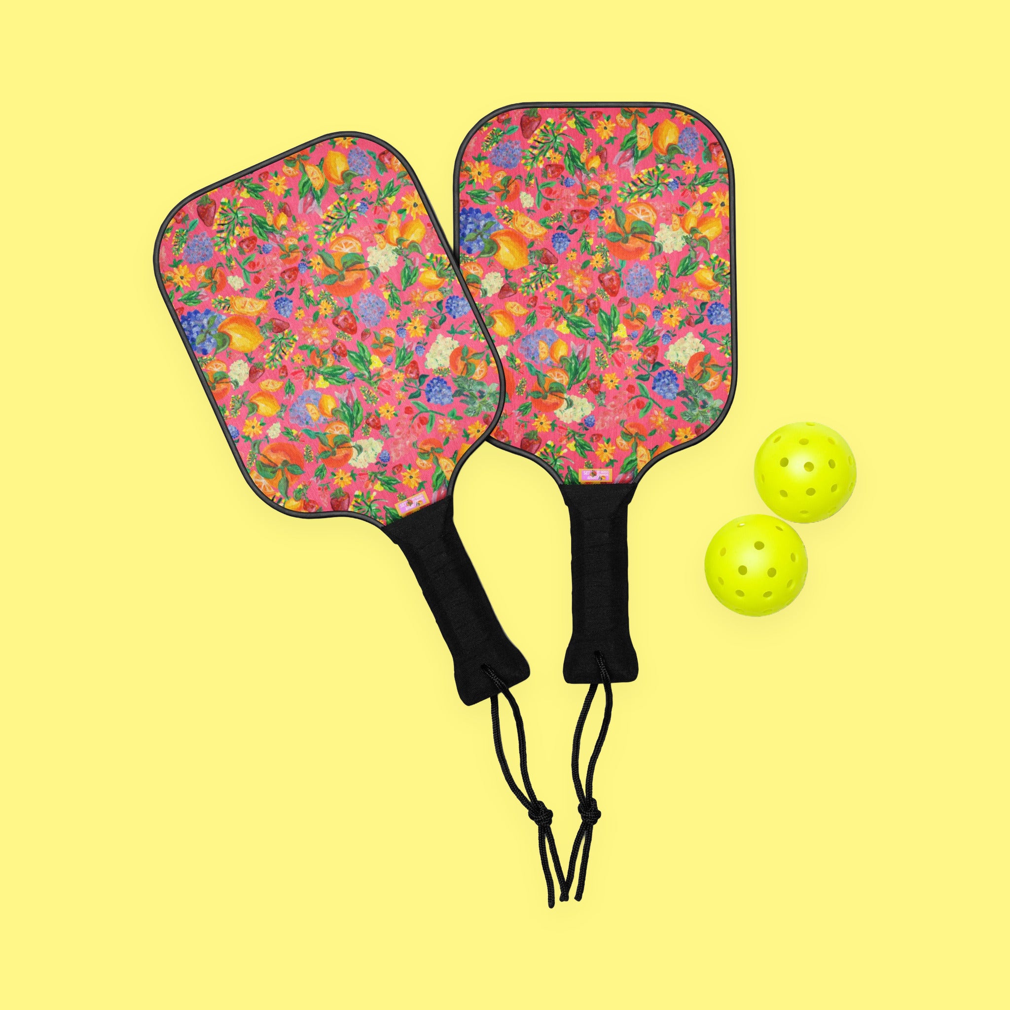 Citrus Garden in Pink Pickleball Paddle Set with hand-painted lemons, oranges and blossoms