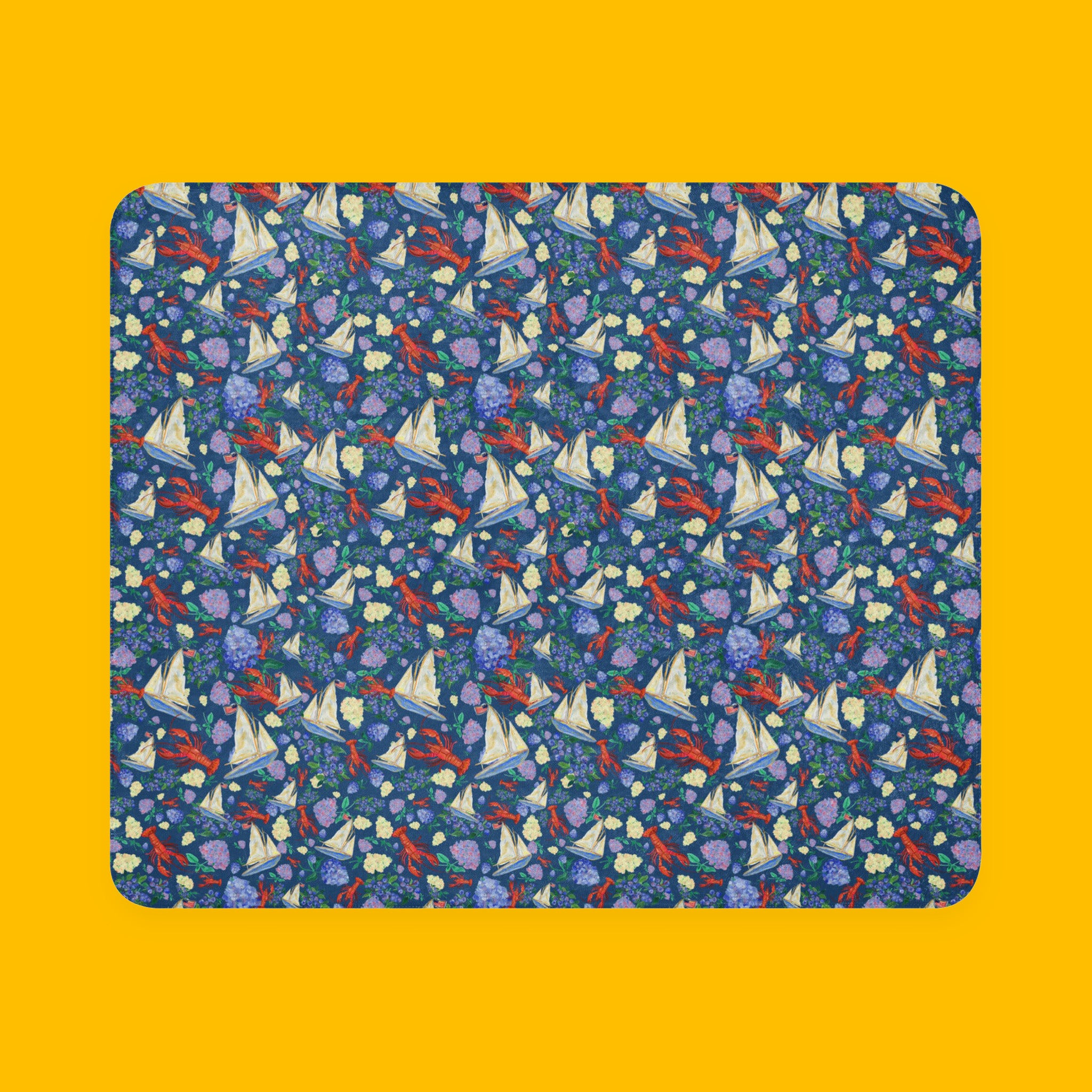 New England Summer in Dark Blue Sherpa Throw Blanket with sailboats, lobsters and seaside florals — view 4 of 7