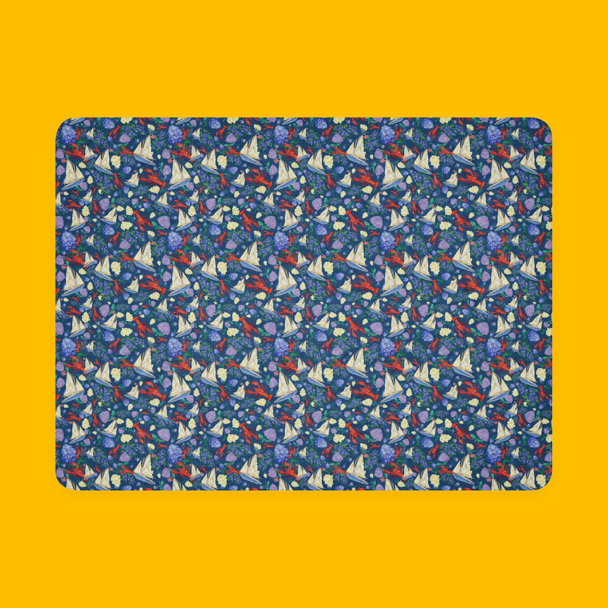 New England Summer in Dark Blue Sherpa Throw Blanket with sailboats, lobsters and seaside florals — view 6 of 7