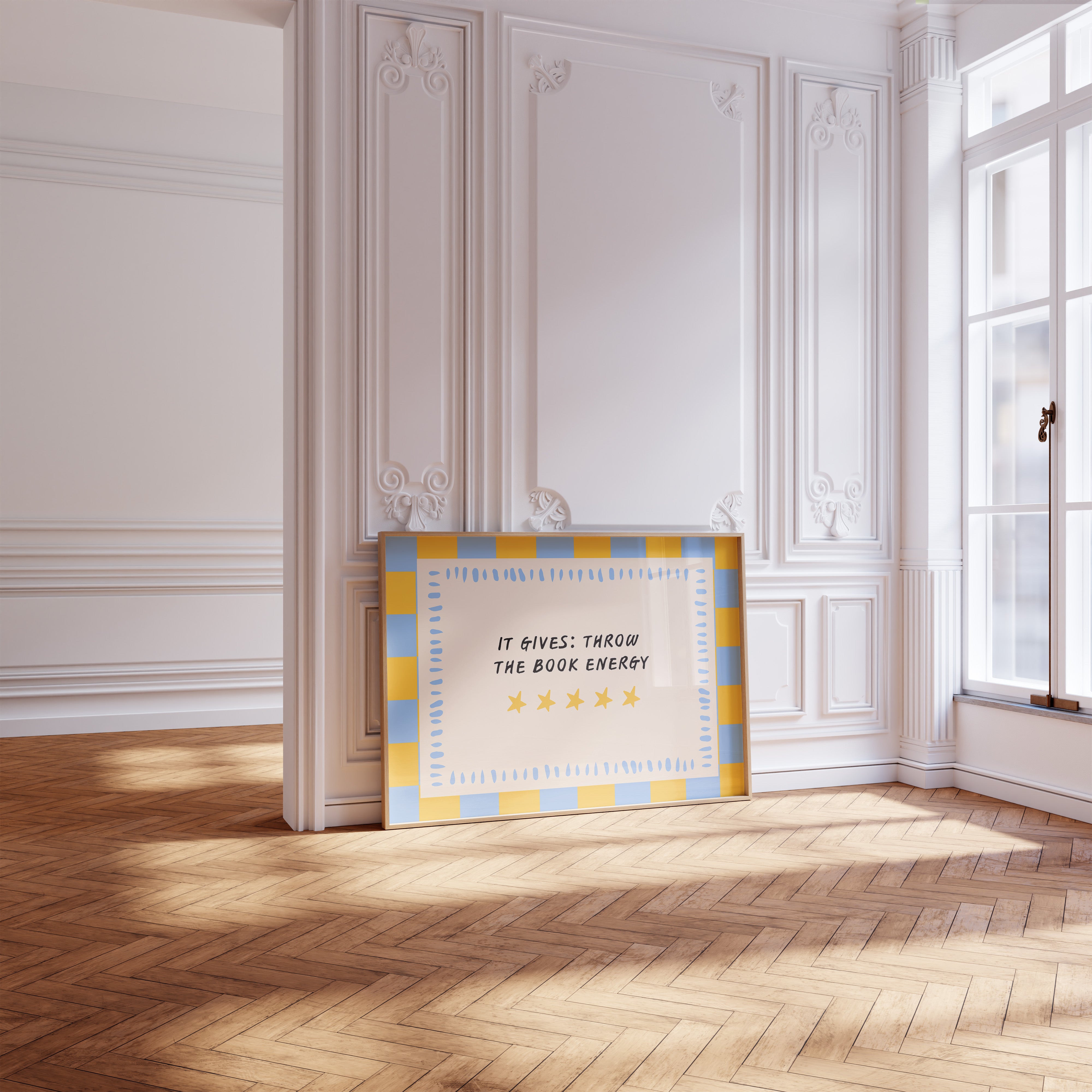 It Gives: Throw the Book Energy horizontal 24x36 bookish wall art poster leaning in a sunlit white paneled room on a herringbone wood floor