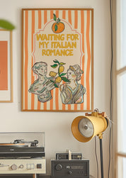 Waiting for My Italian Romance 24x36 bookish wall art poster framed above a vintage record player in a retro room