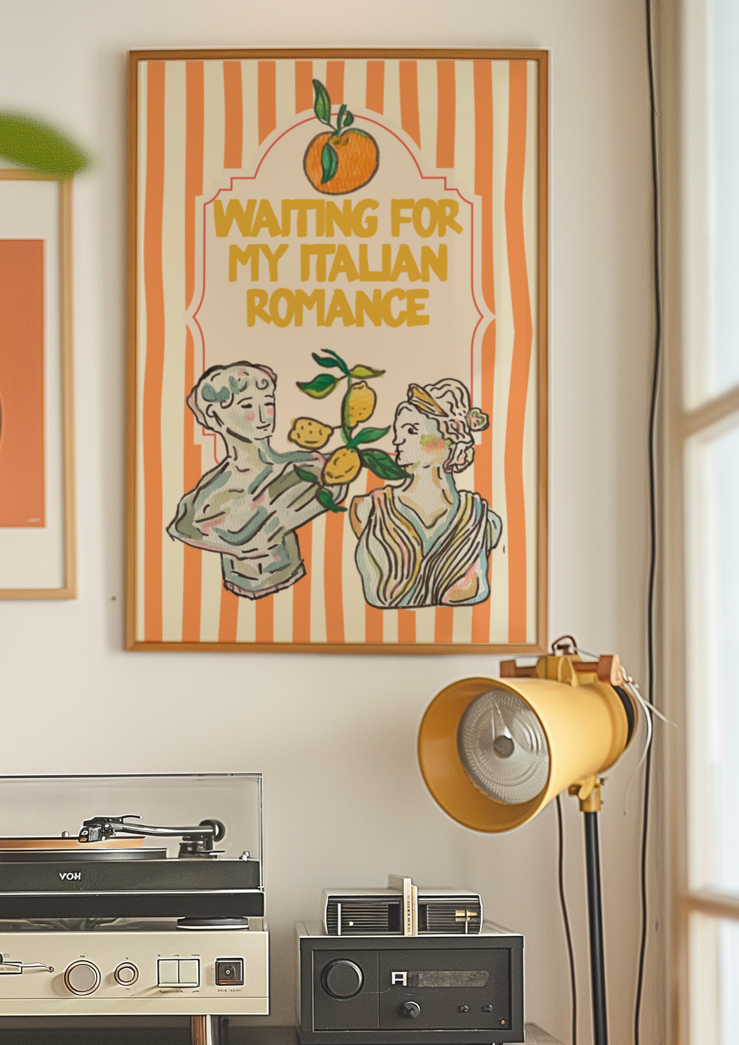 Waiting for My Italian Romance 24x36 bookish wall art poster framed above a vintage record player in a retro room