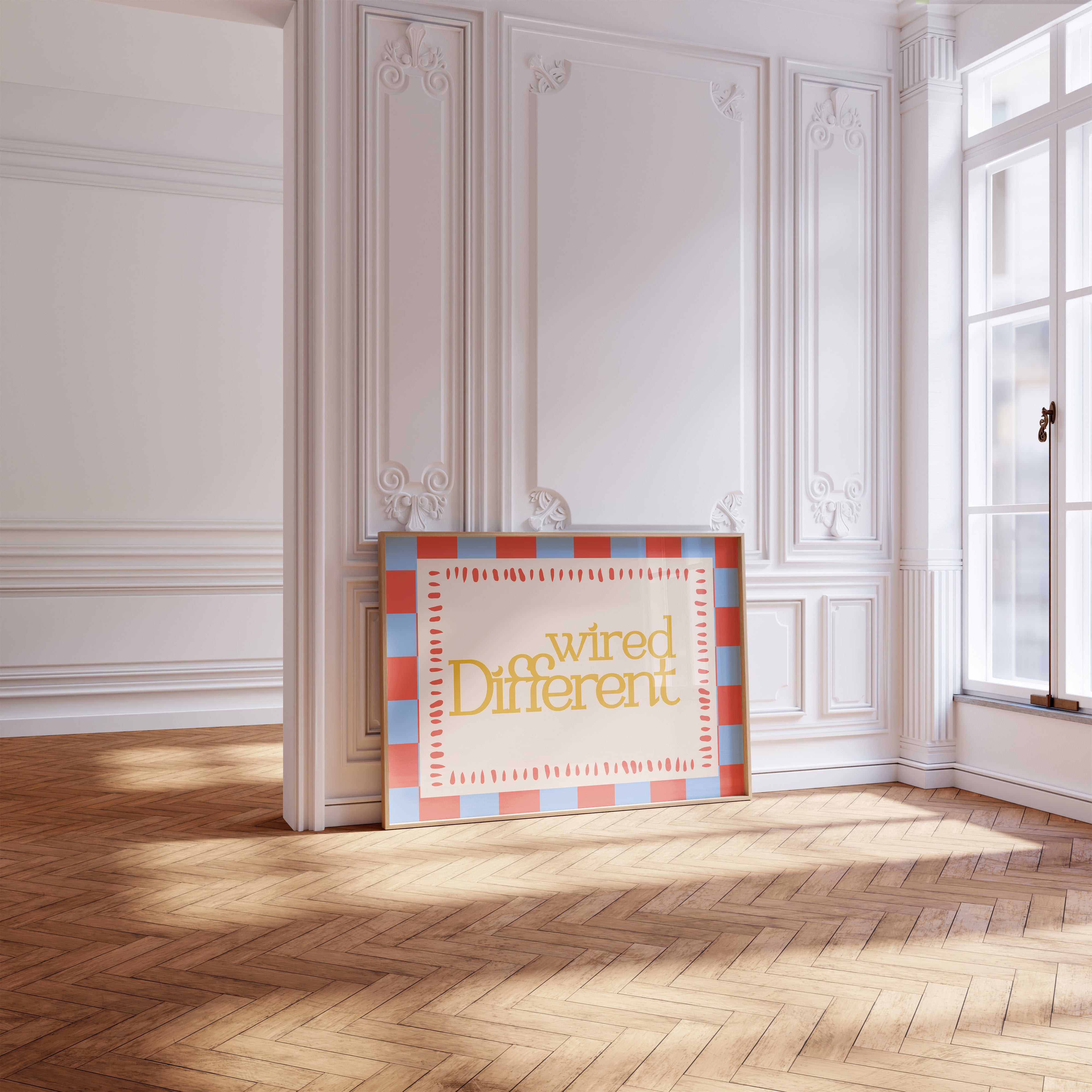 Wired Different horizontal 24x36 mental health wall art poster leaning in a sunlit white paneled room on a herringbone wood floor