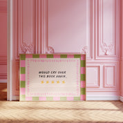 Would Cry Over This Book Again horizontal 24x36 bookish wall art poster leaning against a pink paneled wall on a herringbone wood floor