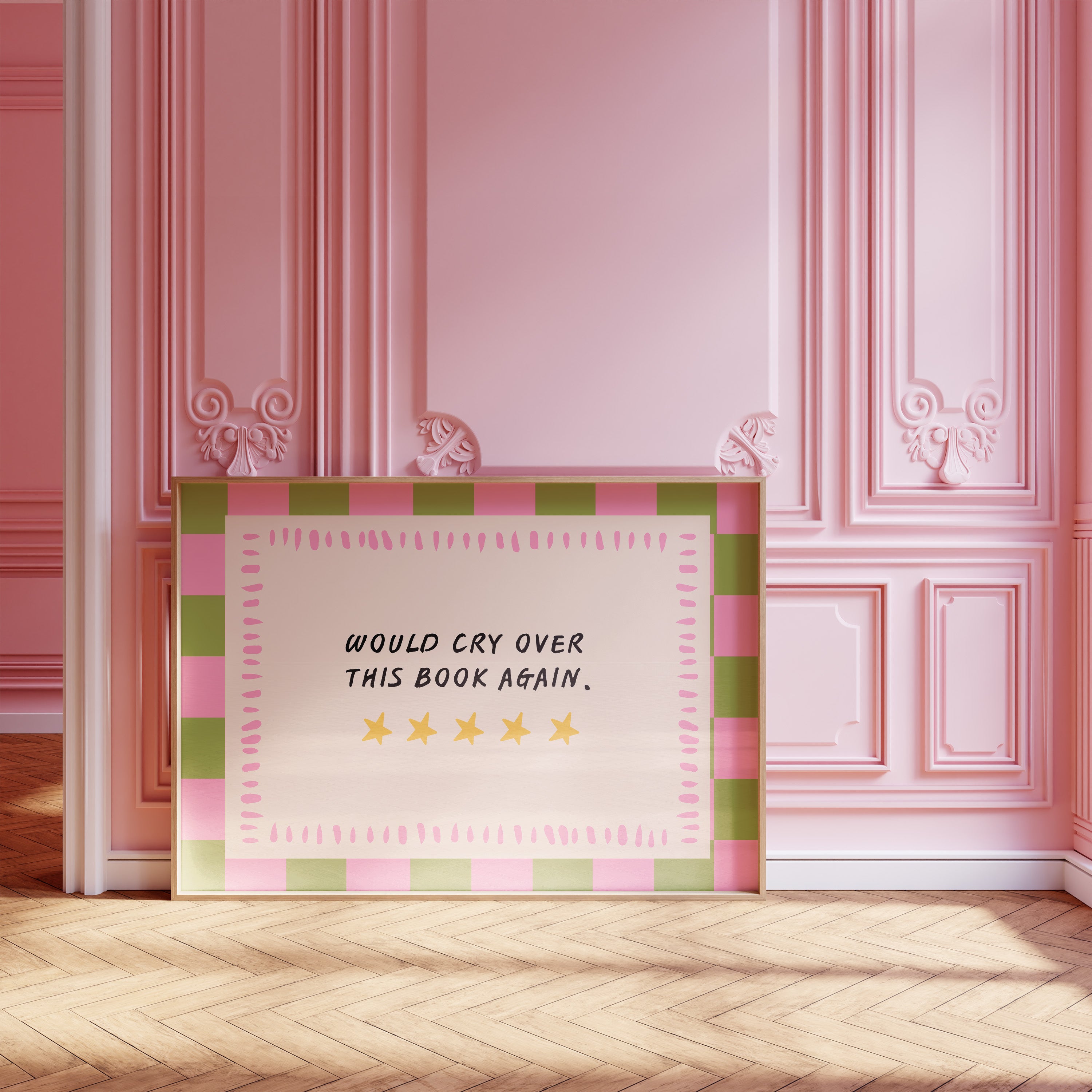 Would Cry Over This Book Again horizontal 24x36 bookish wall art poster leaning against a pink paneled wall on a herringbone wood floor